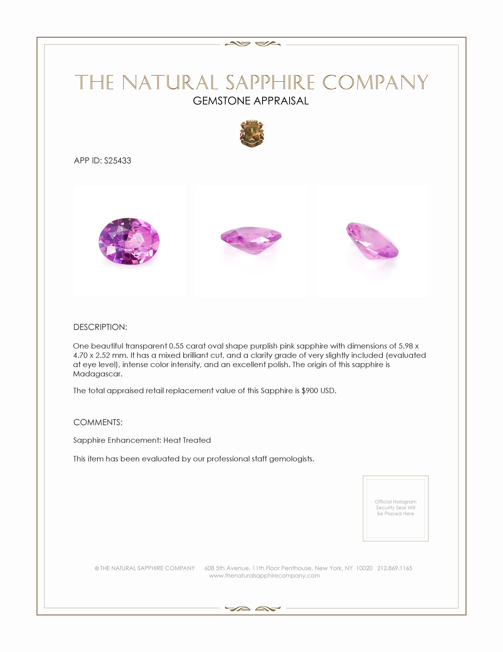 0.55 Ct. Purplish Pink Sapphire from Madagascar