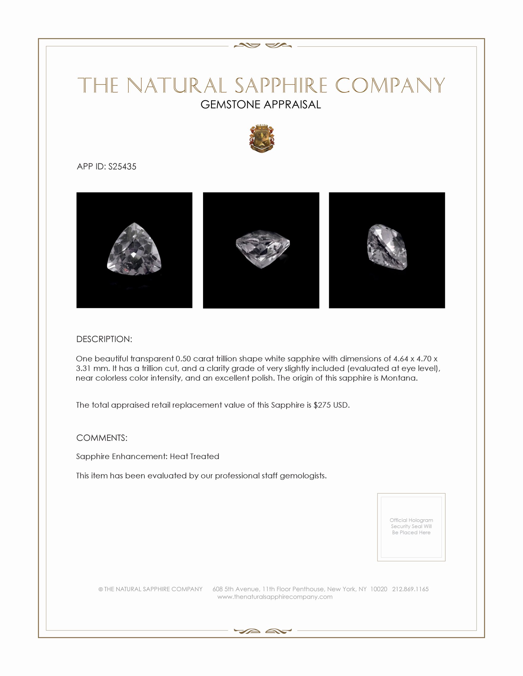 0.50 Ct. White Sapphire from Montana