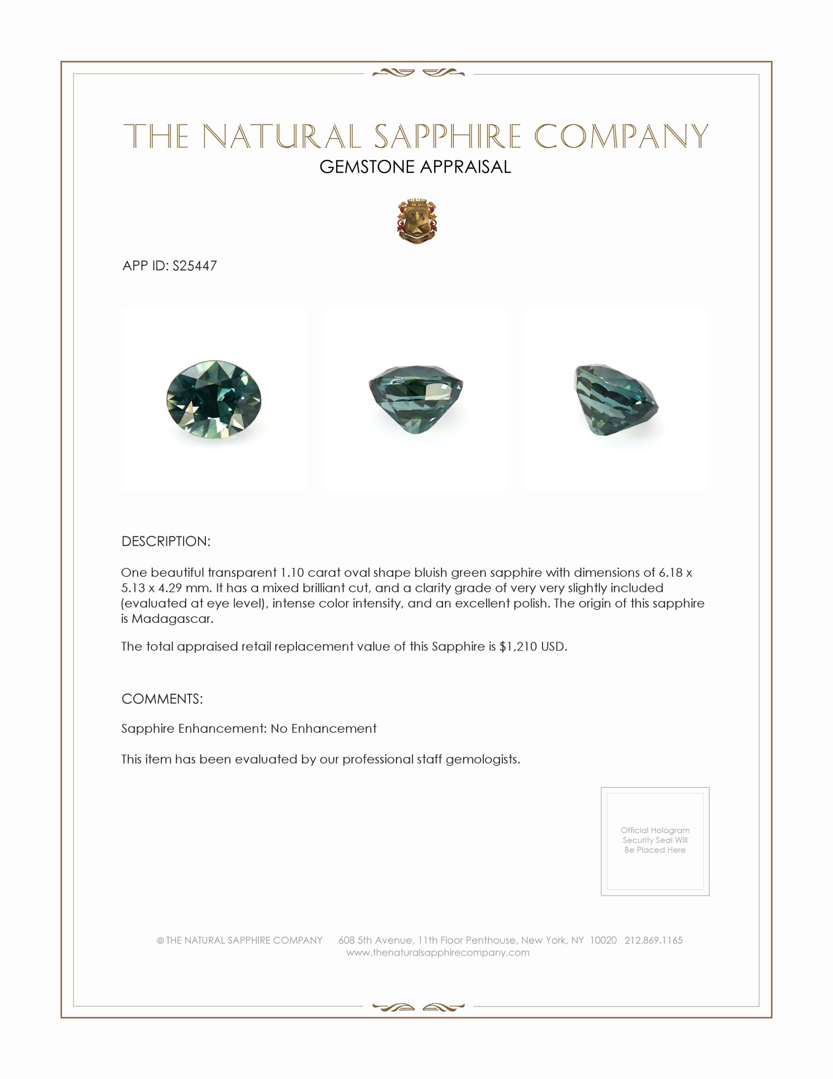 1.10 Ct. Bluish Green Sapphire from Madagascar