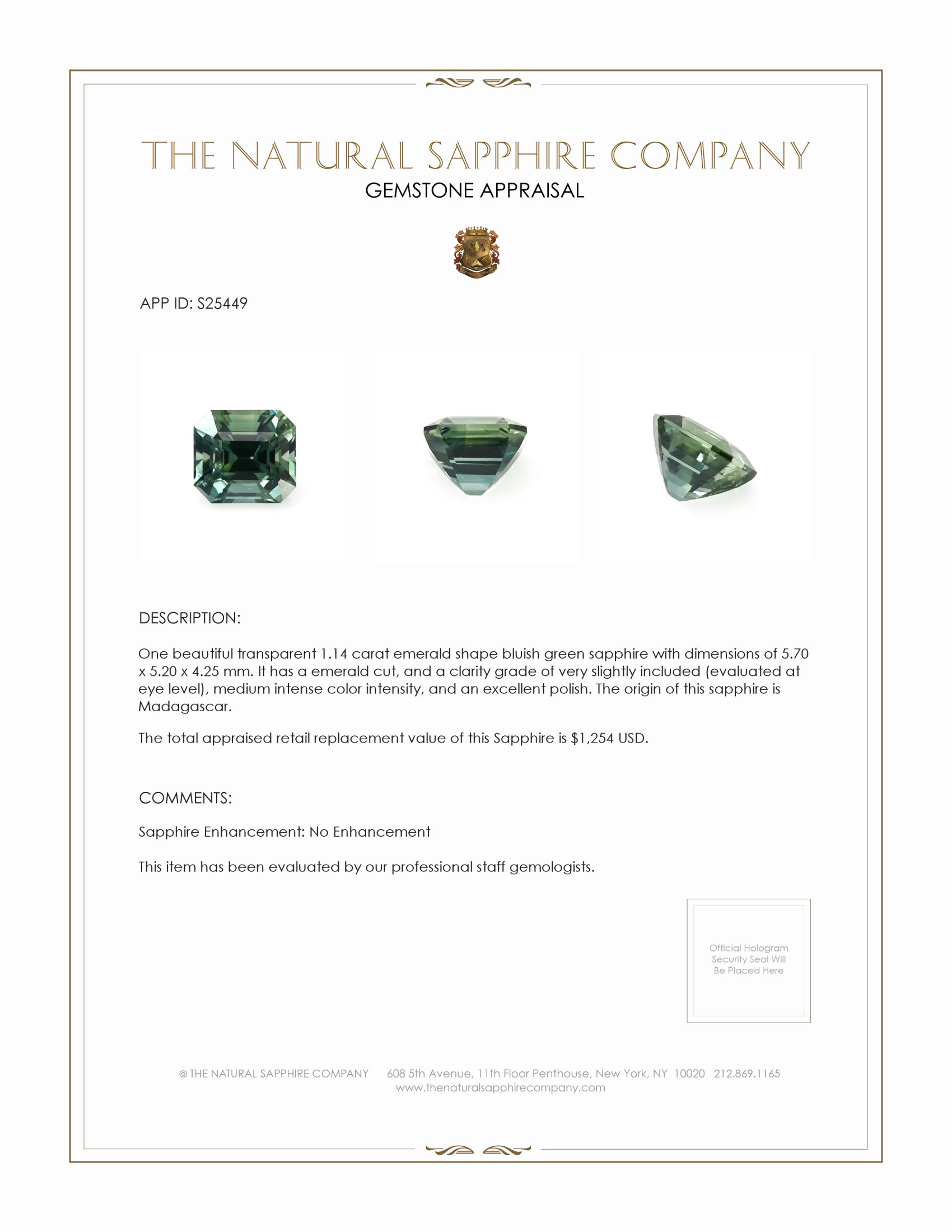1.14 Ct. Bluish Green Sapphire from Madagascar