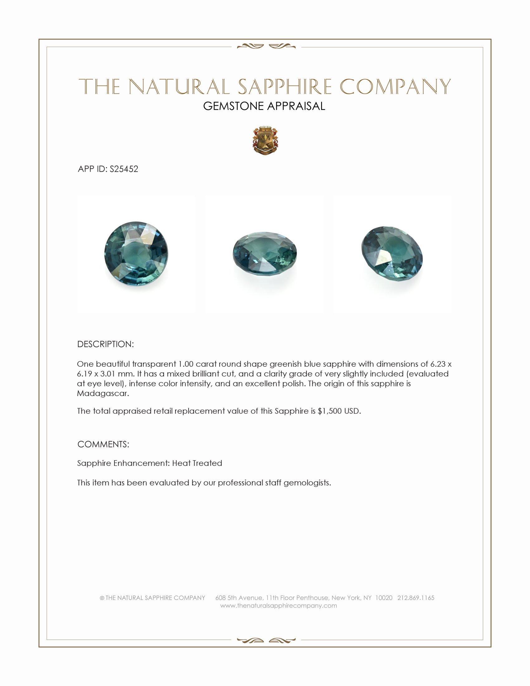 1.00 Ct. Greenish Blue Sapphire from Madagascar