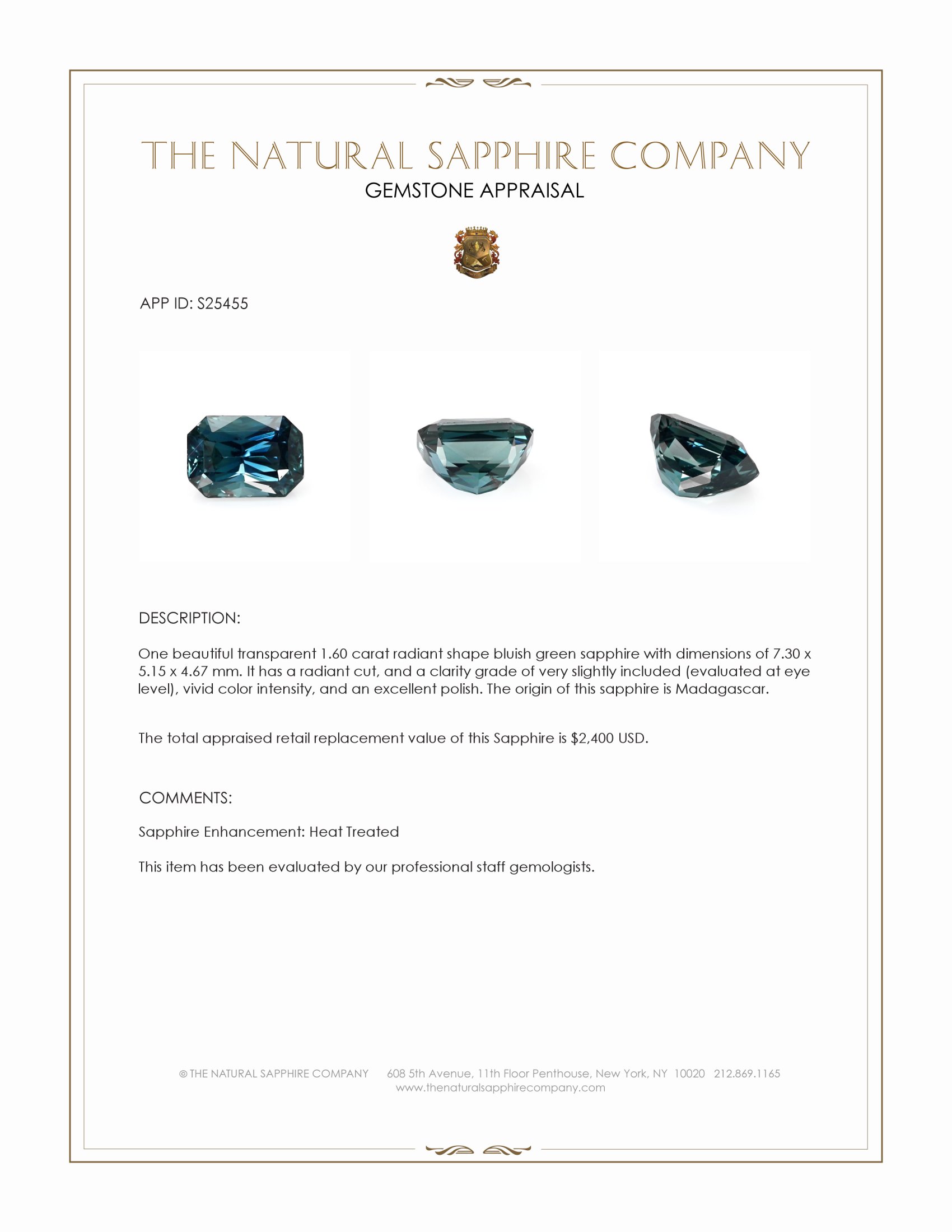 1.60 Ct. Bluish Green Sapphire from Madagascar