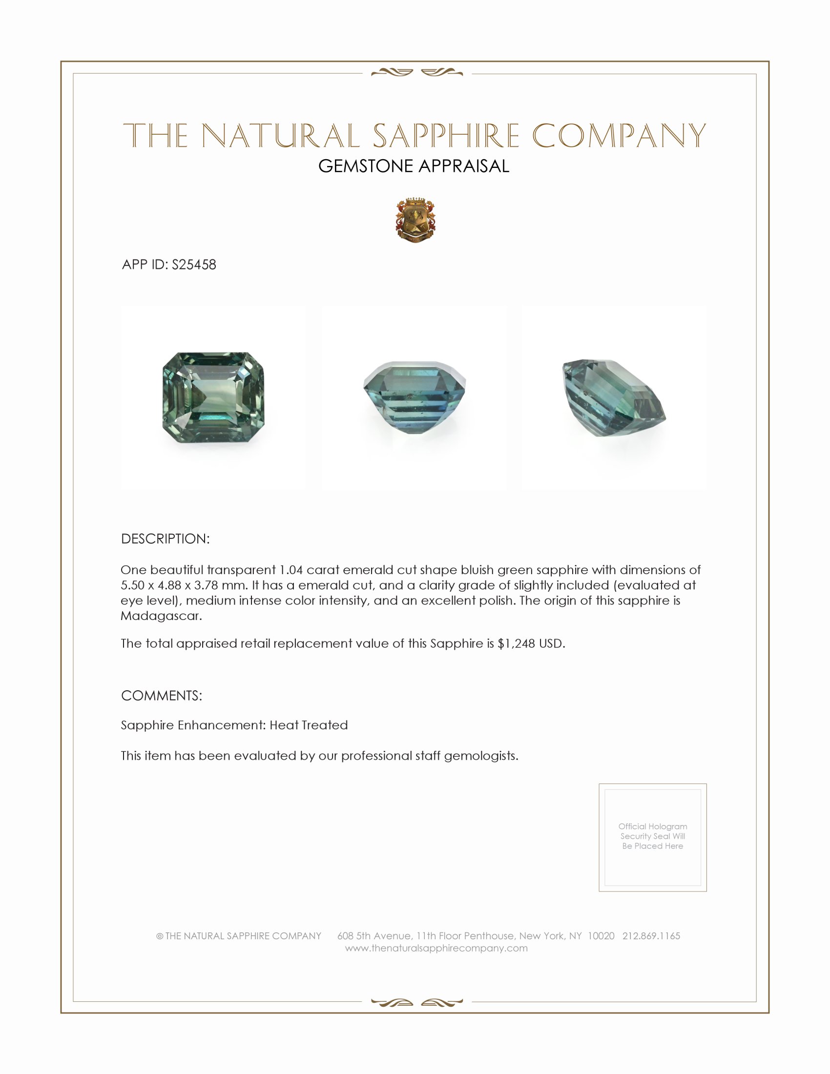 1.04 Ct. Bluish Green Sapphire from Madagascar