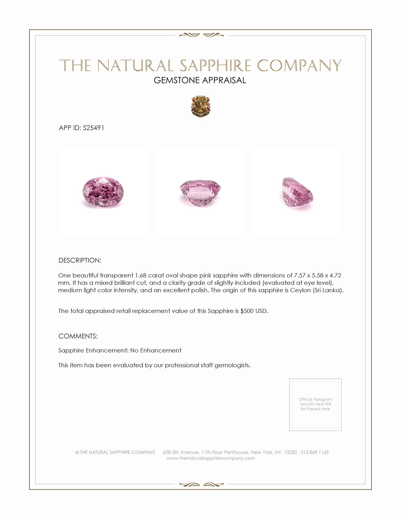 1.68 Ct. Pink Sapphire from Ceylon (Sri Lanka)