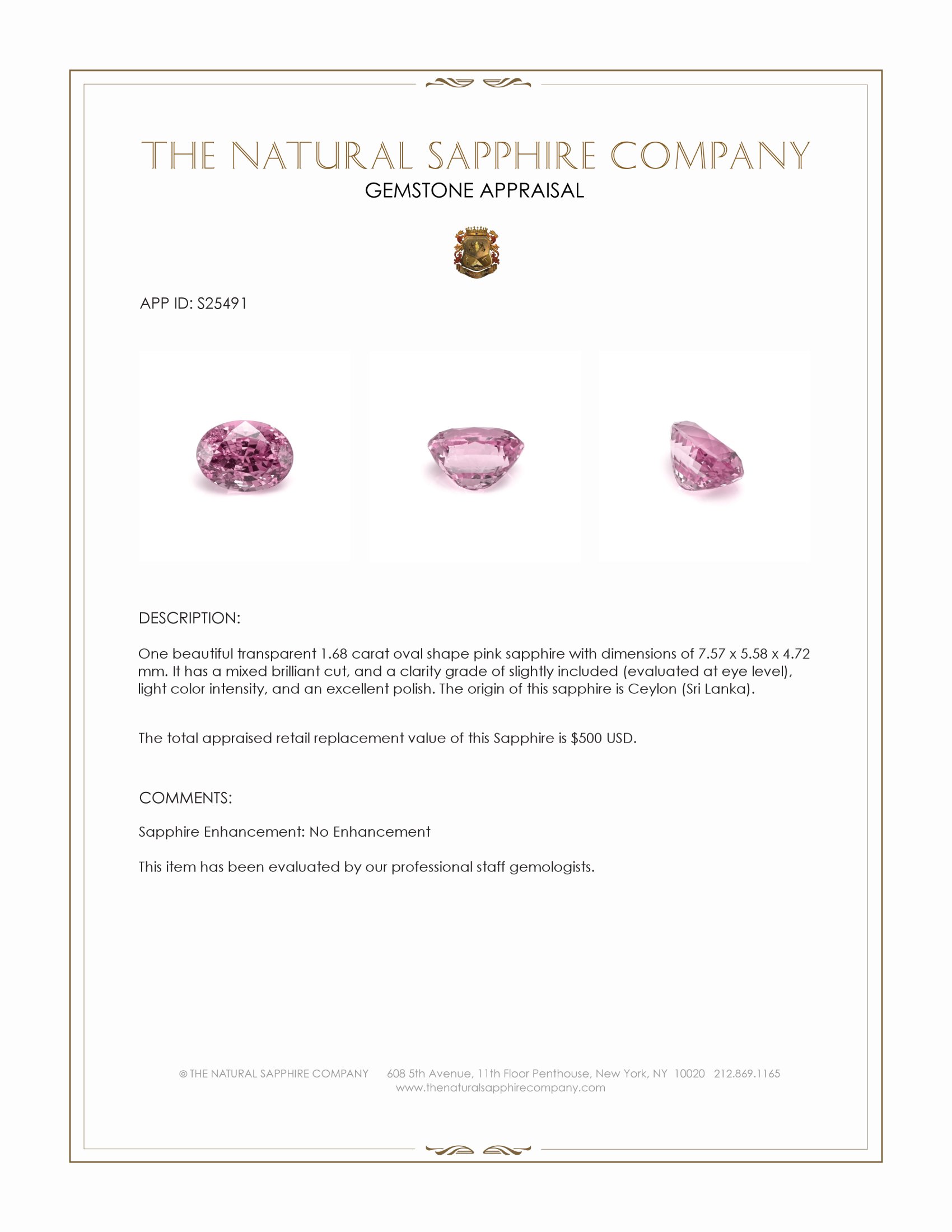 1.68 Ct. Pink Sapphire from Ceylon (Sri Lanka)