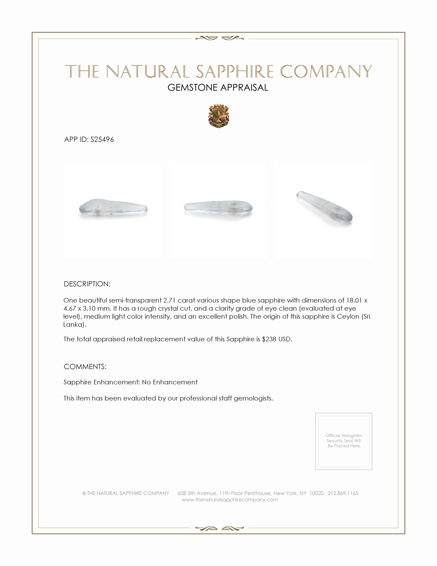 2.71 Ct. Blue Rough Sapphire from Ceylon (Sri Lanka)