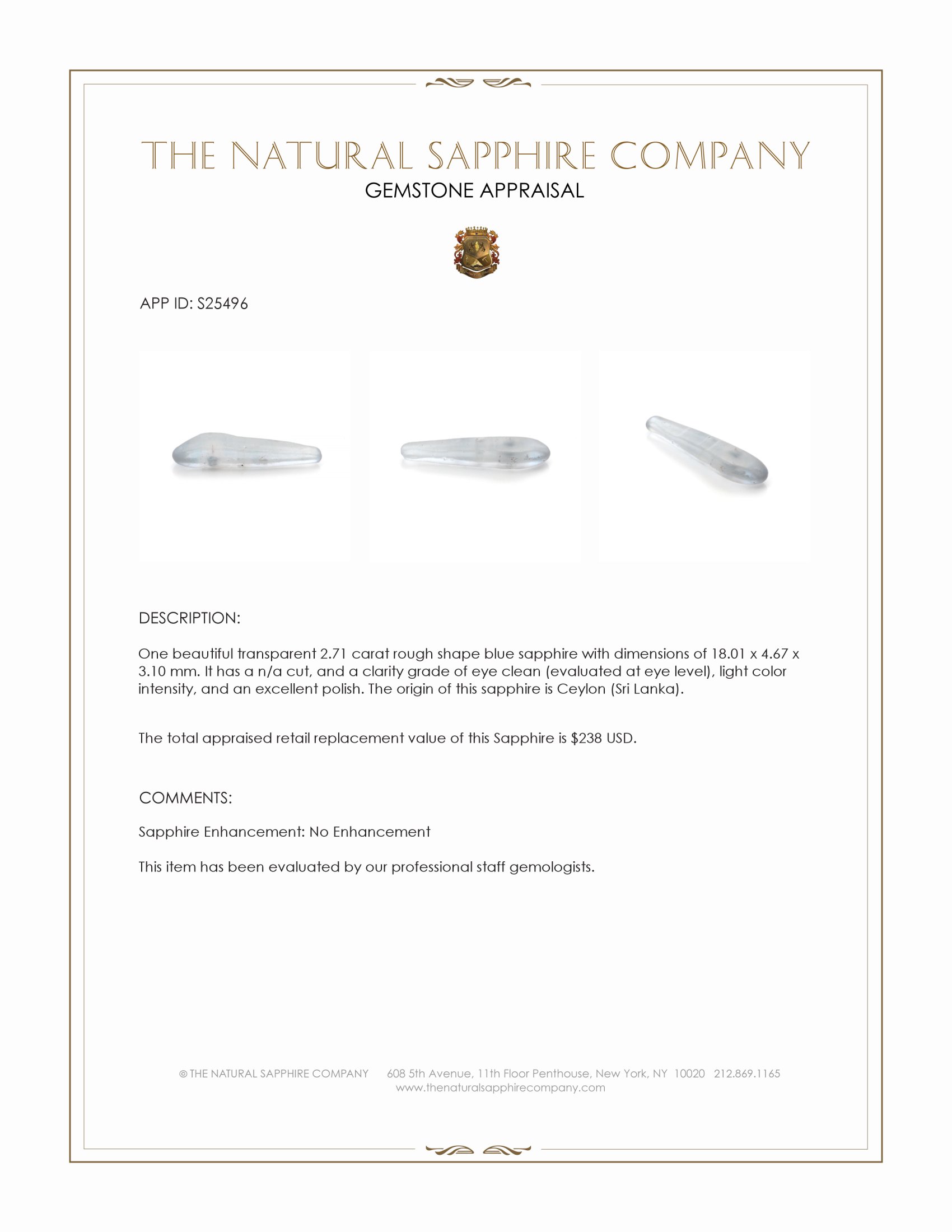 2.71 Ct. Blue Rough Sapphire from Ceylon (Sri Lanka)