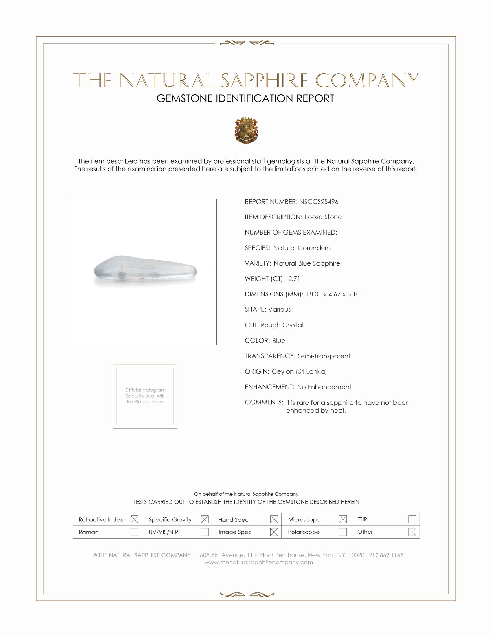 2.71 Ct. Blue Sapphire Crystal from Ceylon (Sri Lanka)