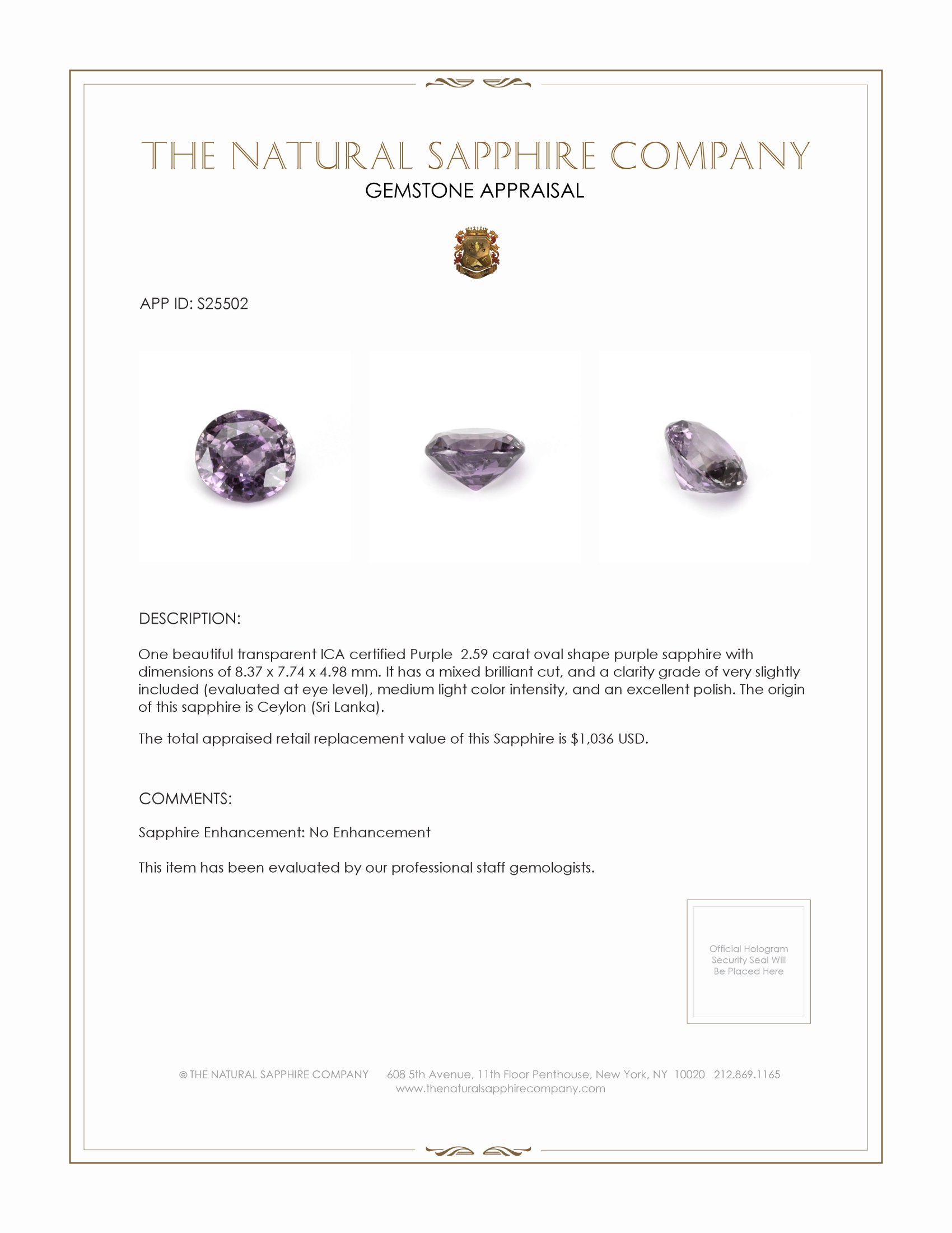 2.59 Ct. Purple Sapphire from Ceylon (Sri Lanka)