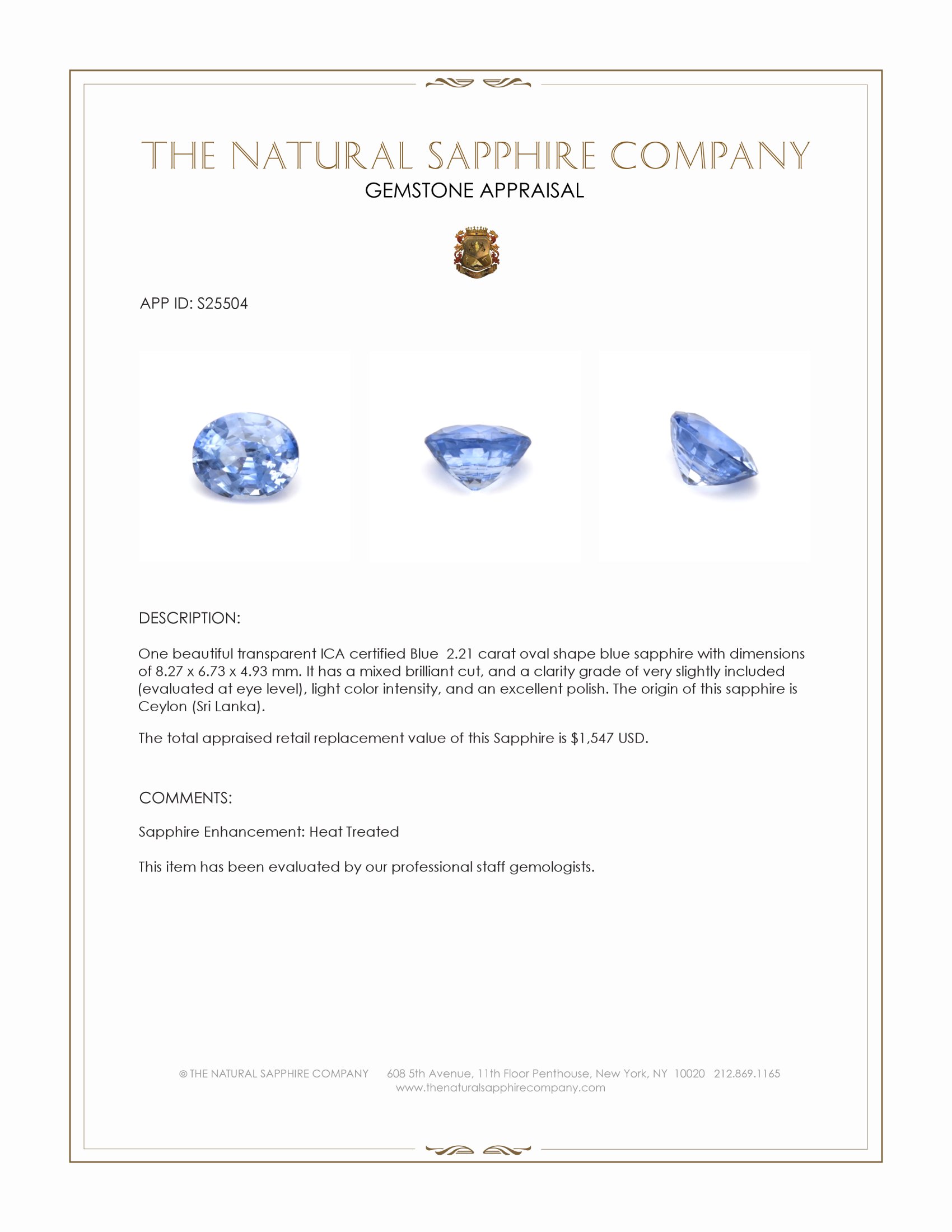 2.21 Ct. Blue Sapphire from Ceylon (Sri Lanka)