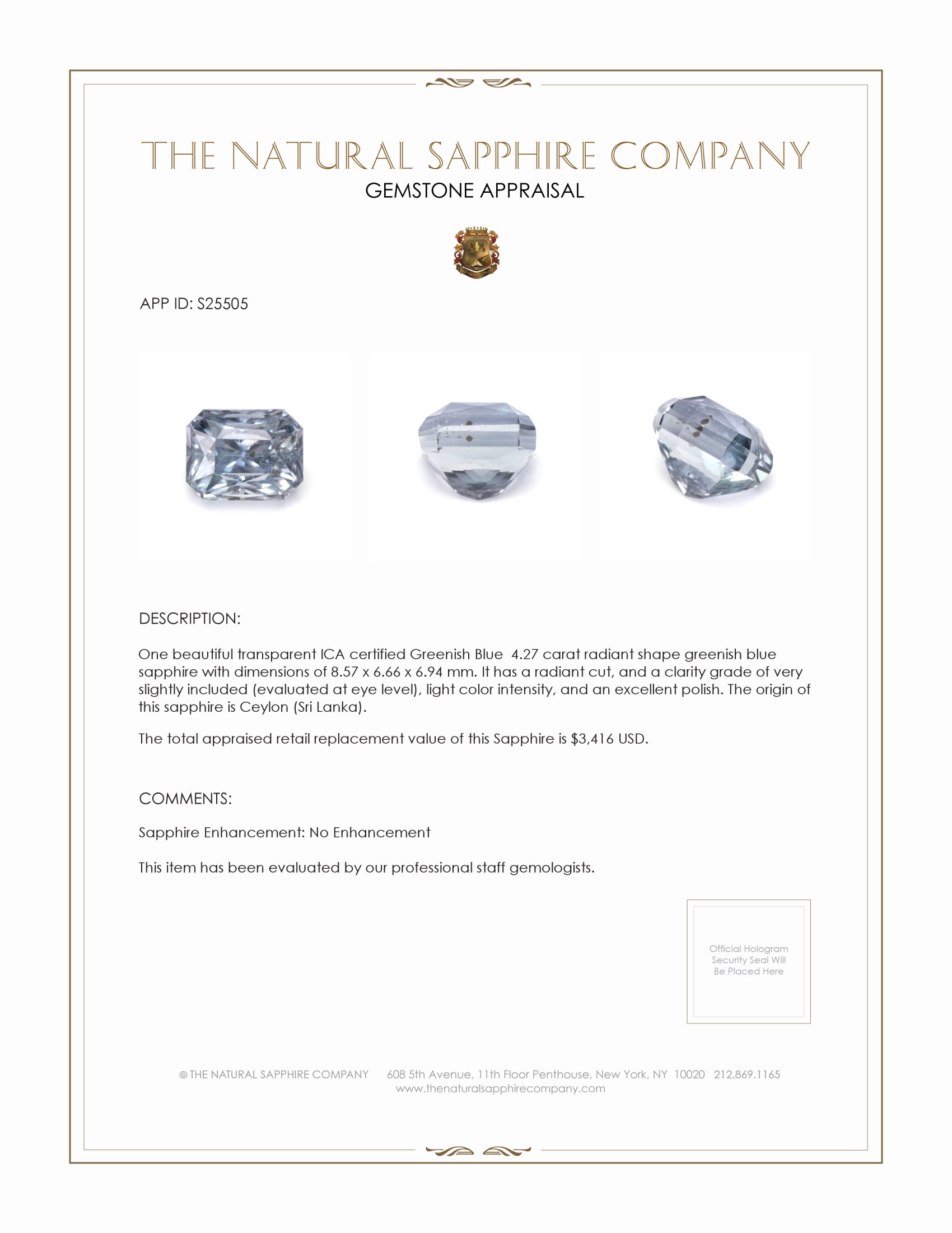 4.27 Ct. Greenish Blue Sapphire from Ceylon (Sri Lanka)