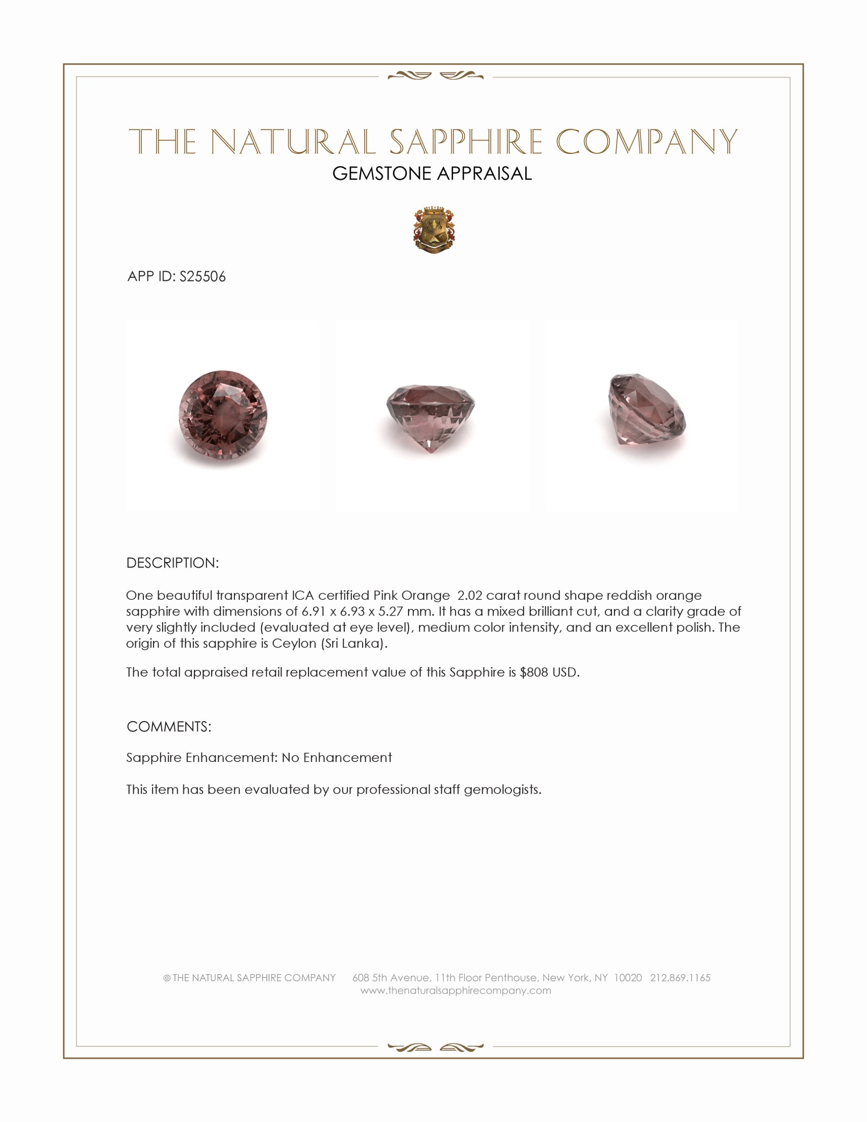 2.02 Ct. Reddish Orange Sapphire from Ceylon (Sri Lanka)