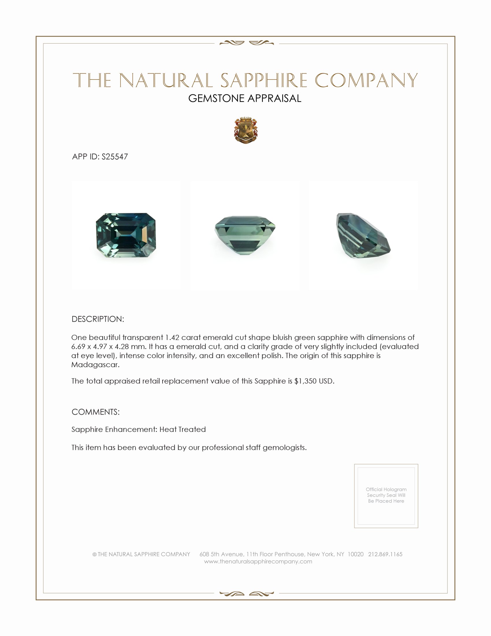 1.42 Ct. Bluish Green Sapphire from Madagascar