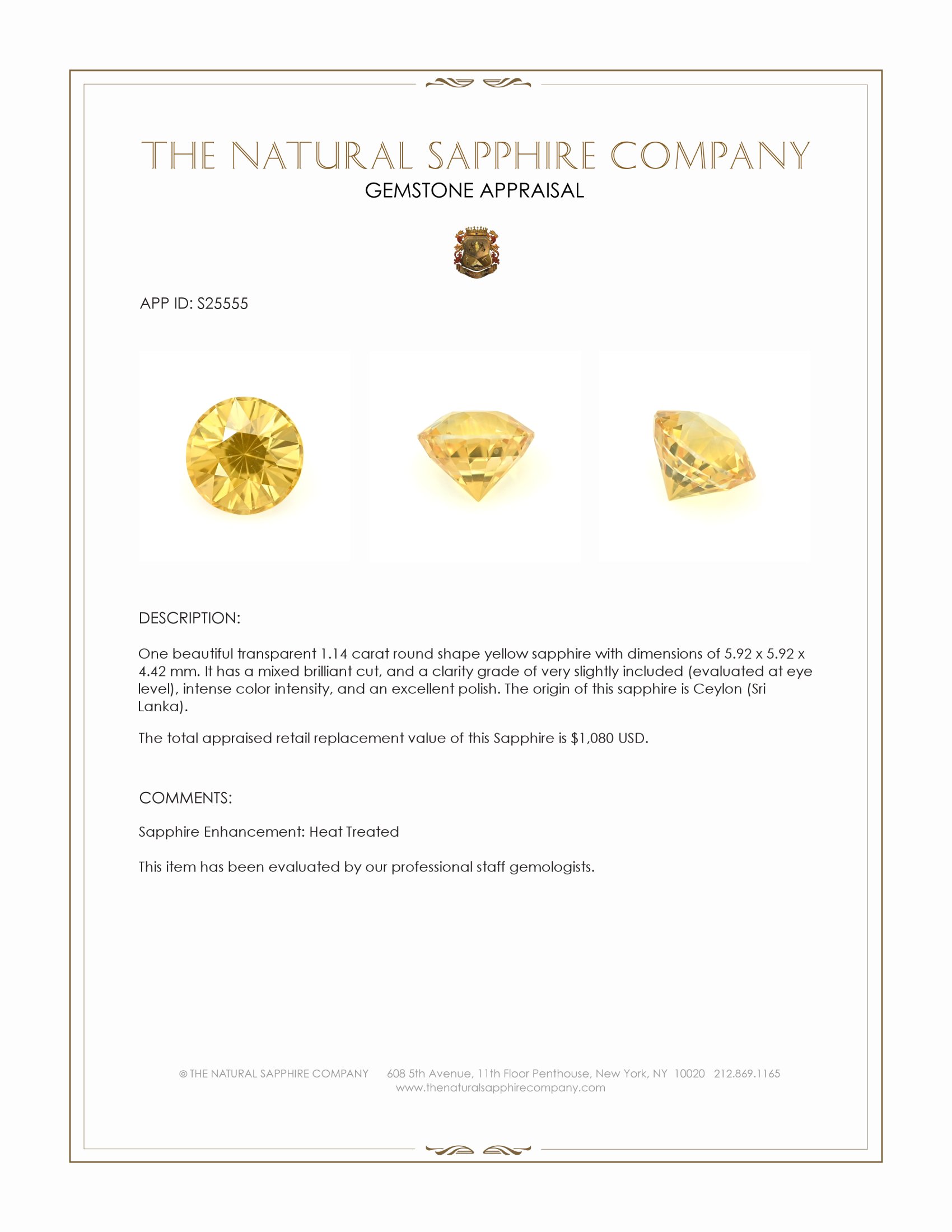1.14 Ct. Yellow Sapphire from Ceylon (Sri Lanka)