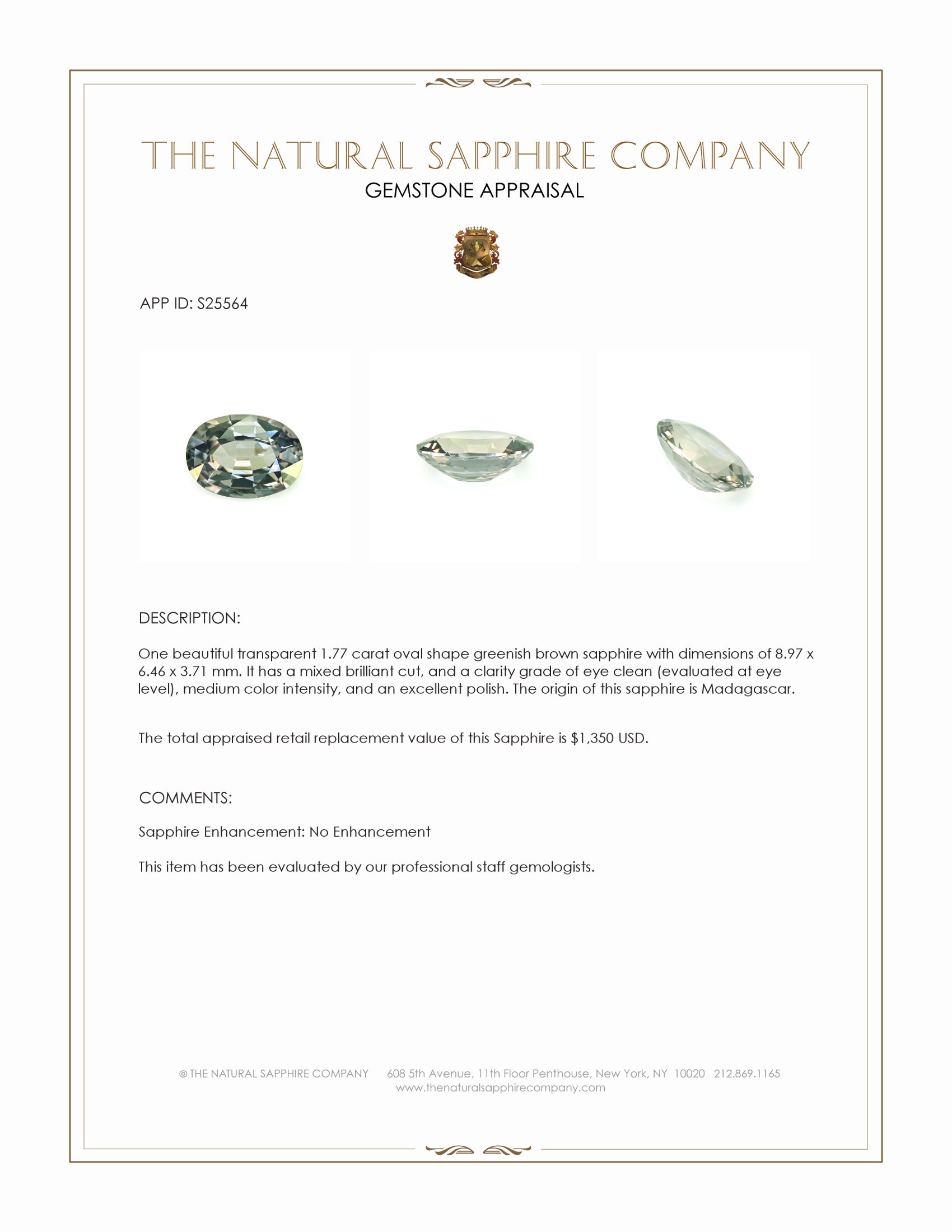 1.77 Ct. Greenish Brown Sapphire from Madagascar