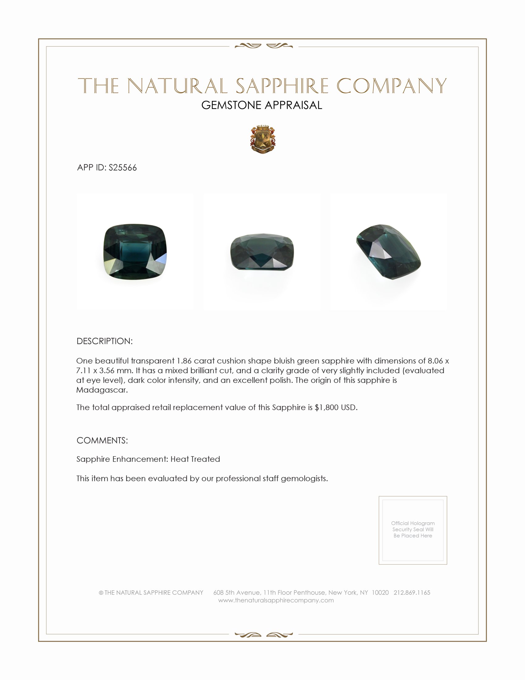 1.86 Ct. Bluish Green Sapphire from Madagascar