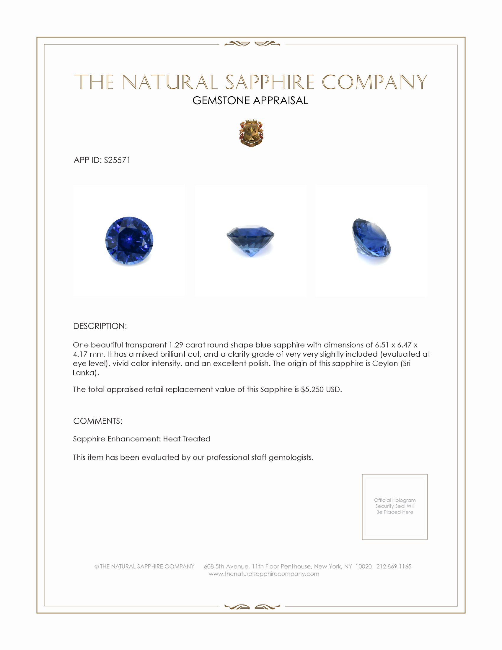 1.29 Ct. Blue Sapphire from Ceylon (Sri Lanka)