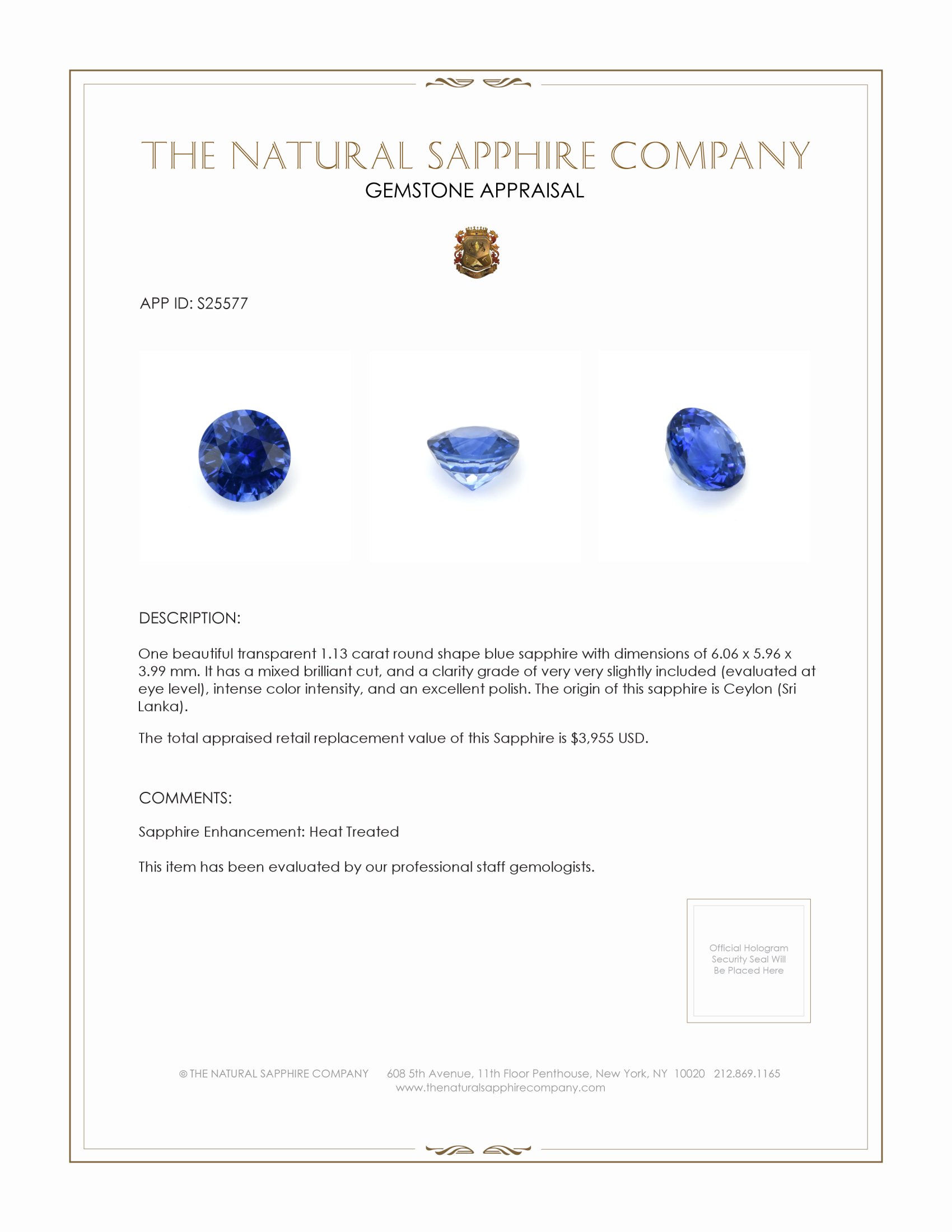 1.13 Ct. Blue Sapphire from Ceylon (Sri Lanka)