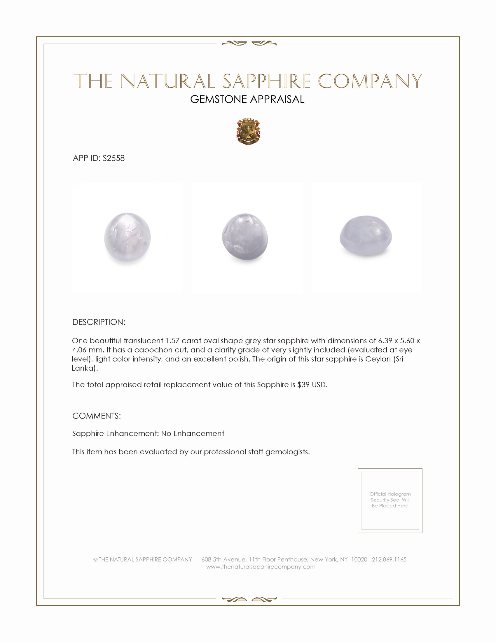 1.57 Ct. Grey Star Sapphire from Ceylon (Sri Lanka)