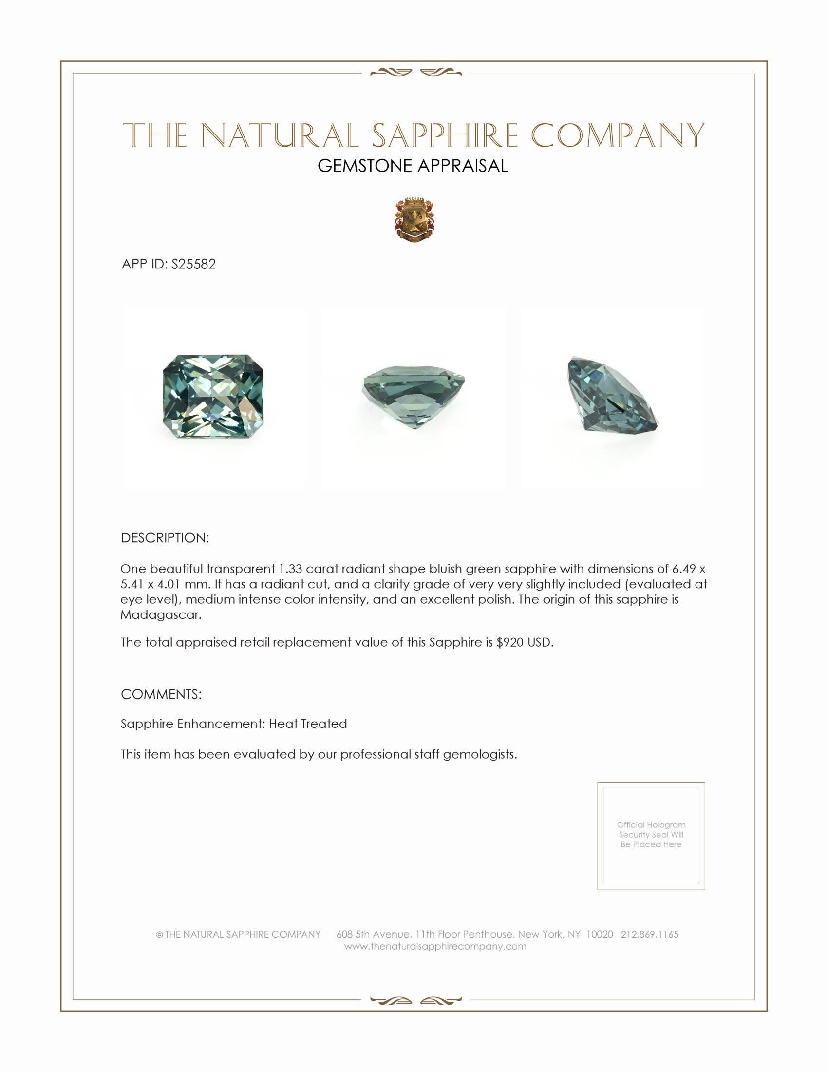 1.33 Ct. Bluish Green Sapphire from Madagascar