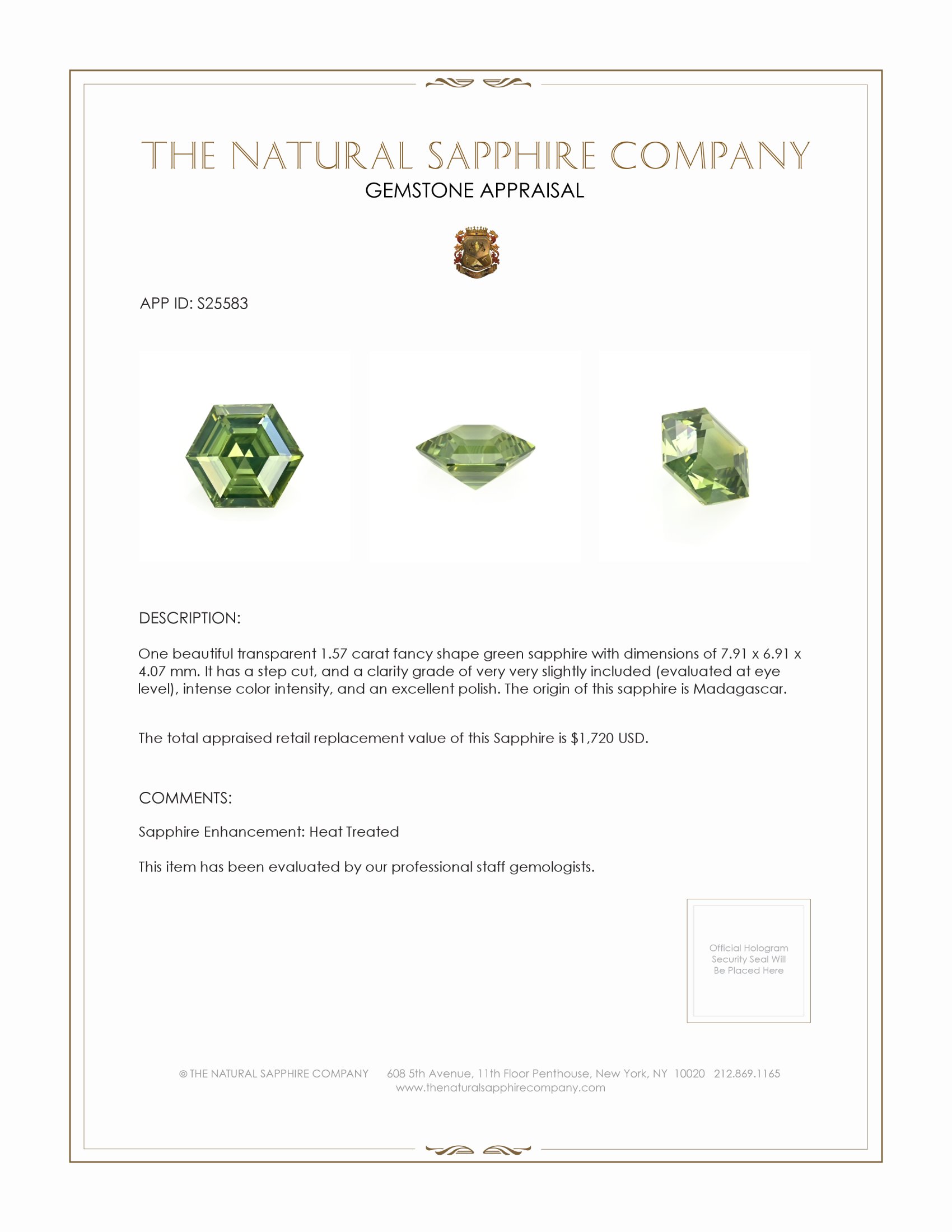 1.57 Ct. Green Sapphire from Madagascar