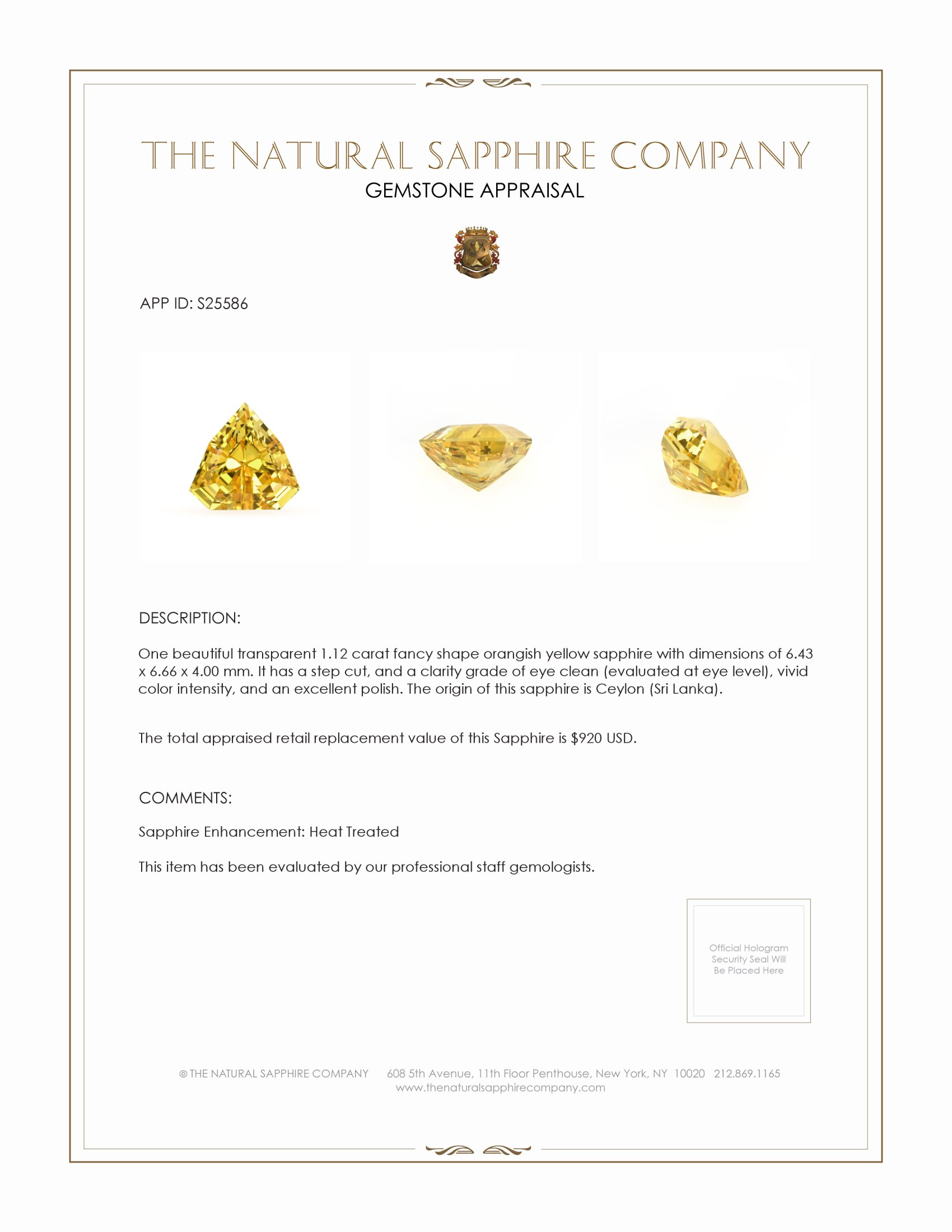 1.12 Ct. Orangish Yellow Sapphire from Ceylon (Sri Lanka)