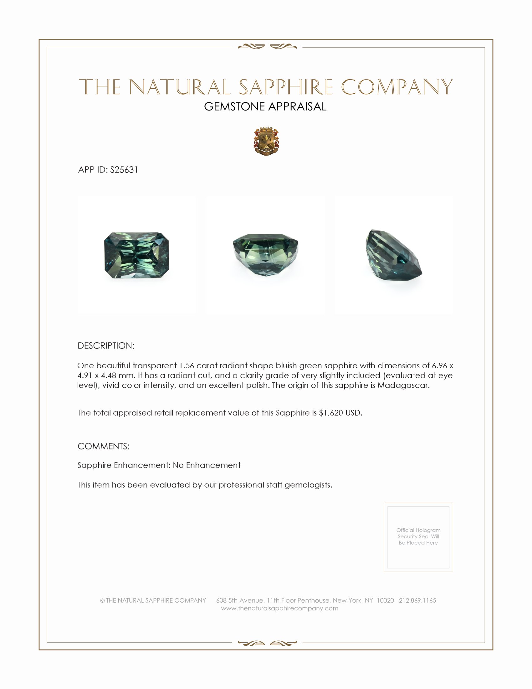 1.56 Ct. Bluish Green Sapphire from Madagascar
