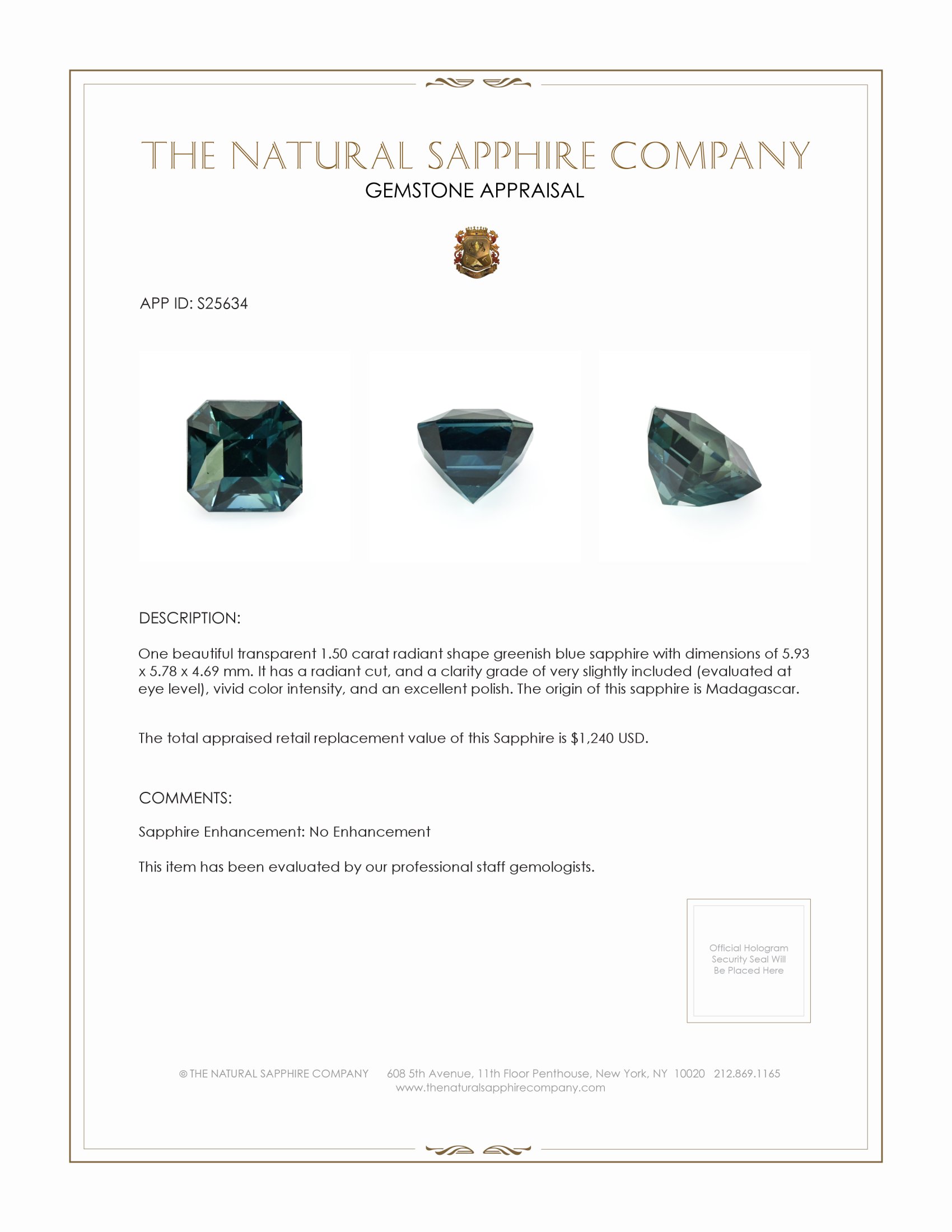 1.50 Ct. Greenish Blue Sapphire from Madagascar