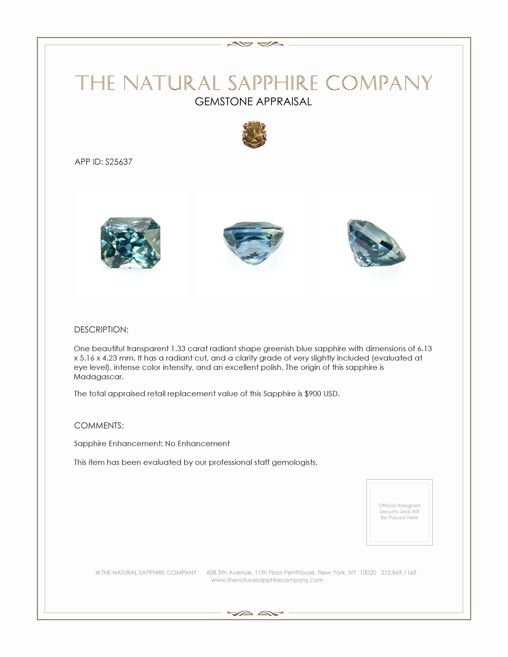 1.33 Ct. Greenish Blue Sapphire from Madagascar