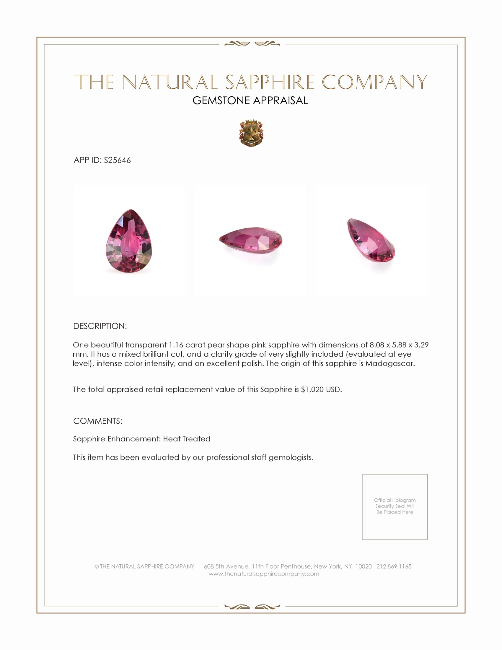 1.16 Ct. Pink Sapphire from Madagascar