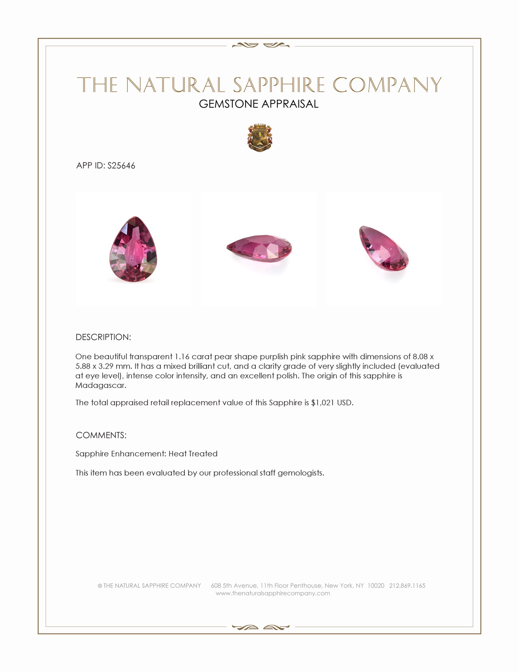 1.16 Ct. Purplish Pink Sapphire from Madagascar
