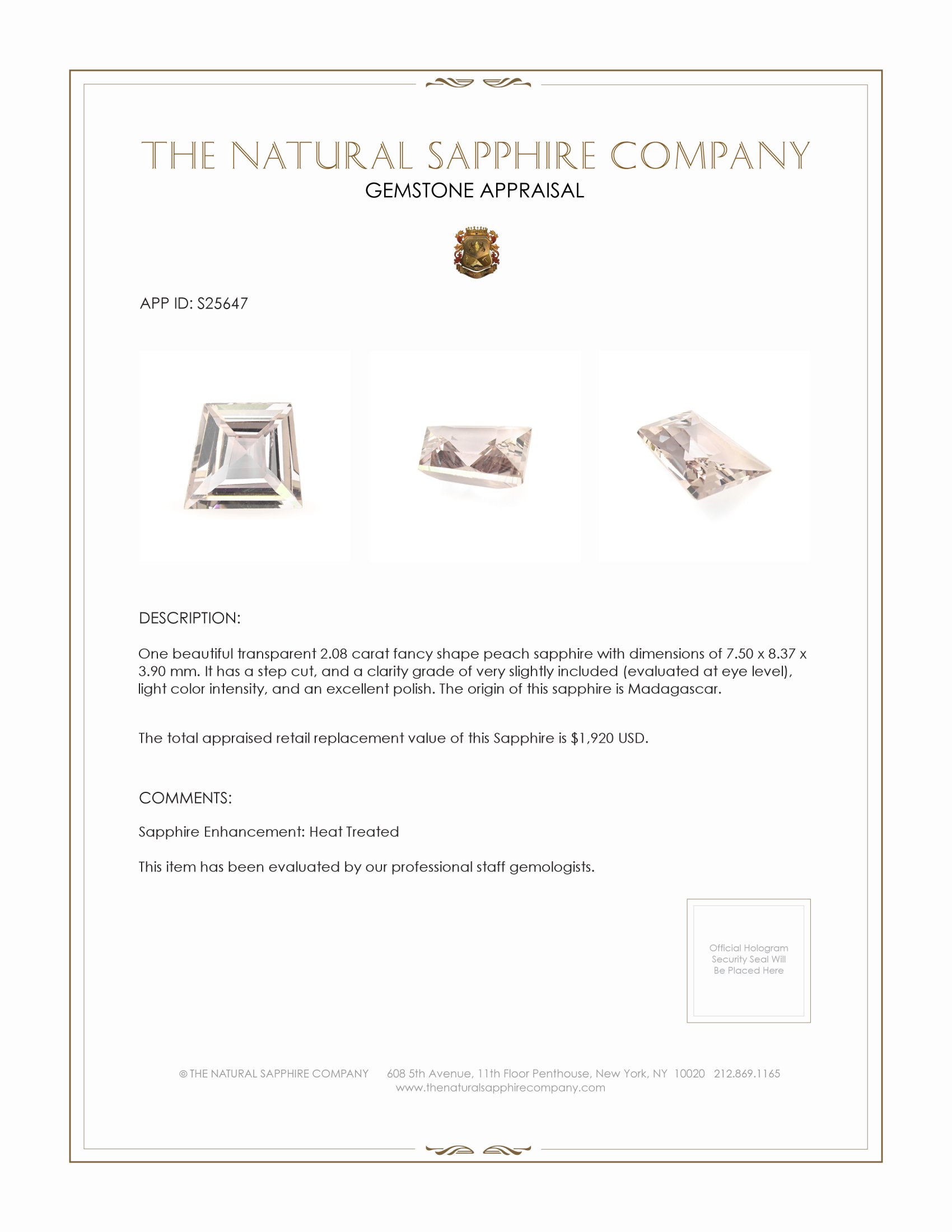 2.08 Ct. Peach Sapphire from Madagascar