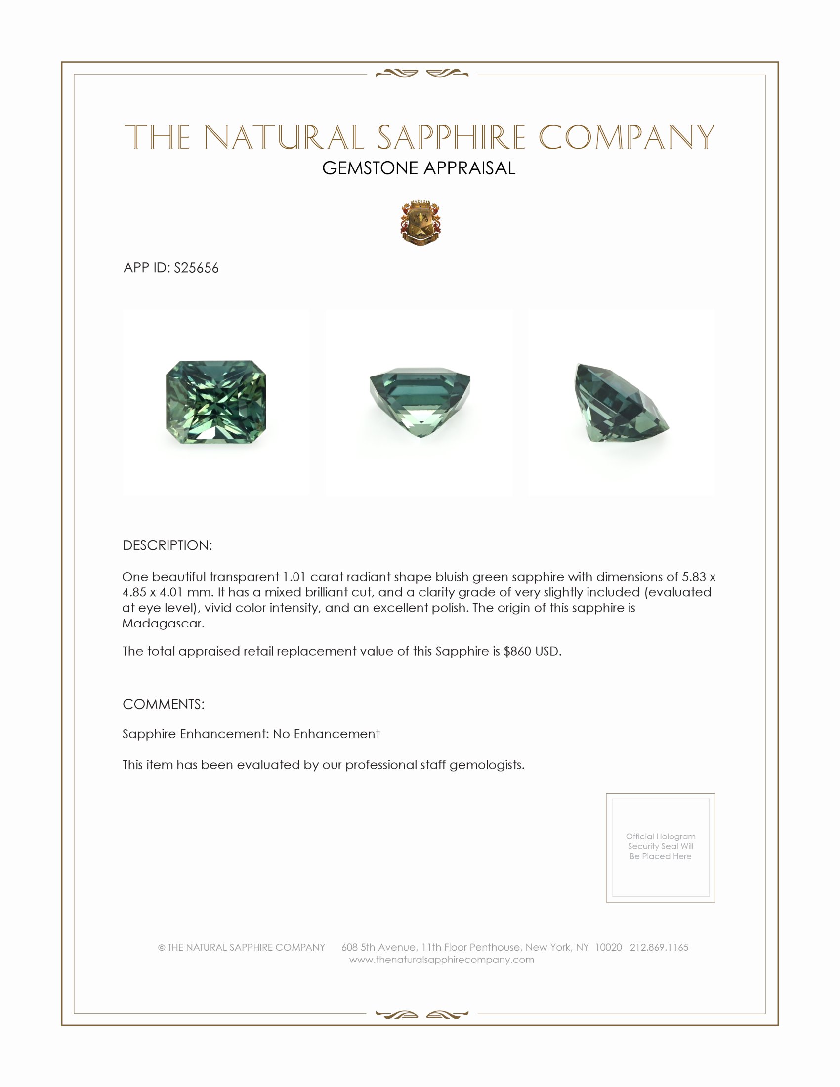 1.01 Ct. Bluish Green Sapphire from Madagascar