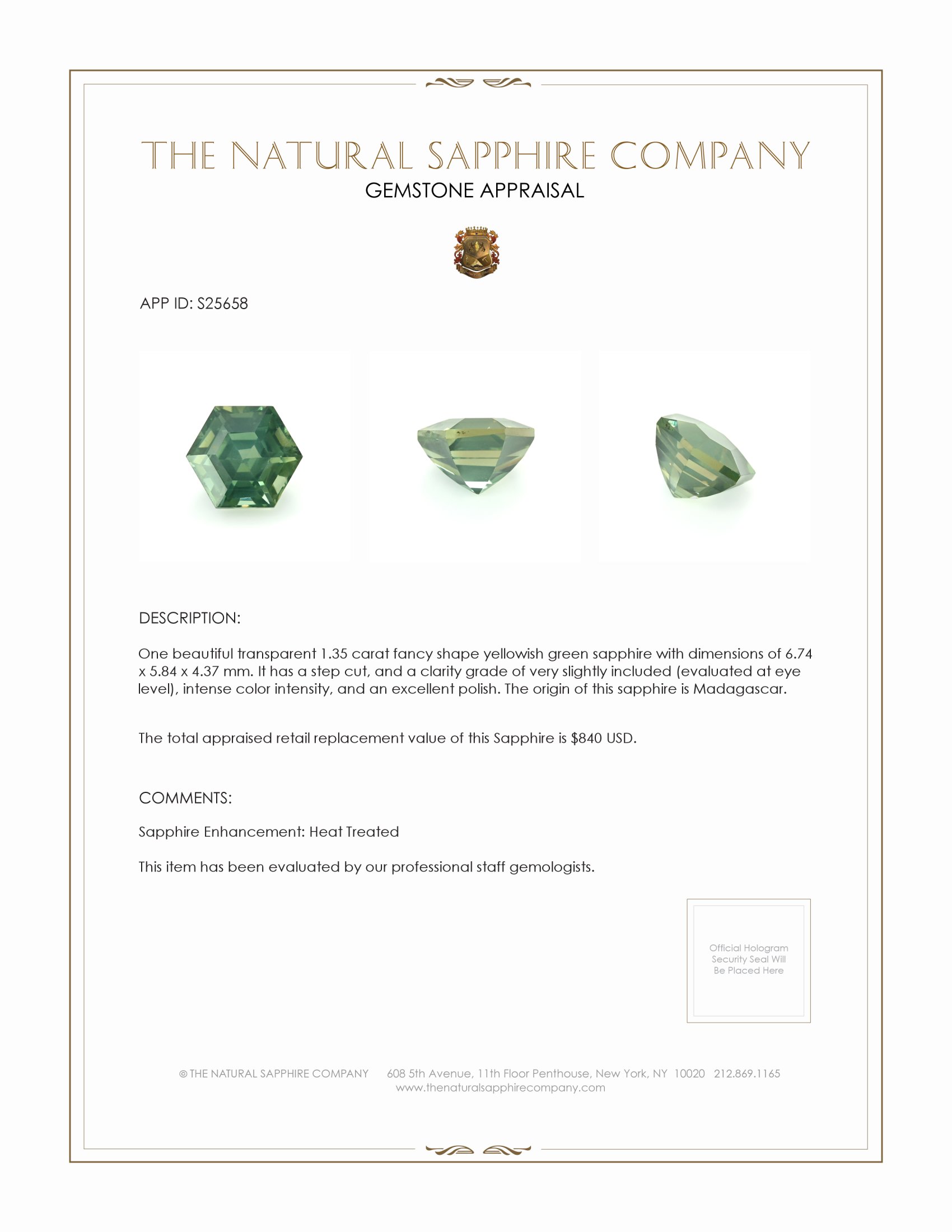 1.35 Ct. Yellowish Green Sapphire from Madagascar