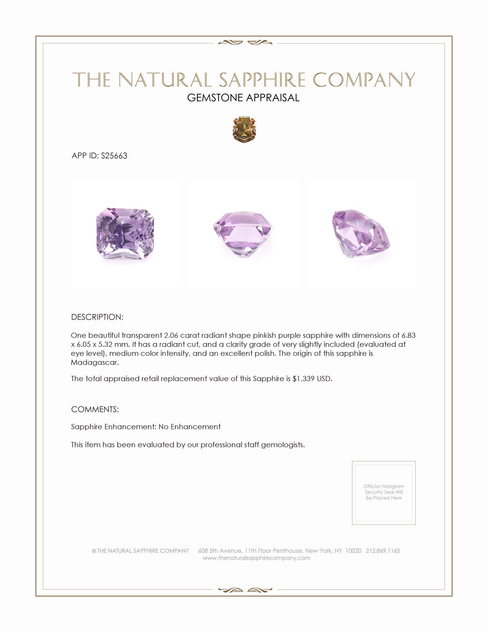 2.06 Ct. Pinkish Purple Sapphire from Madagascar