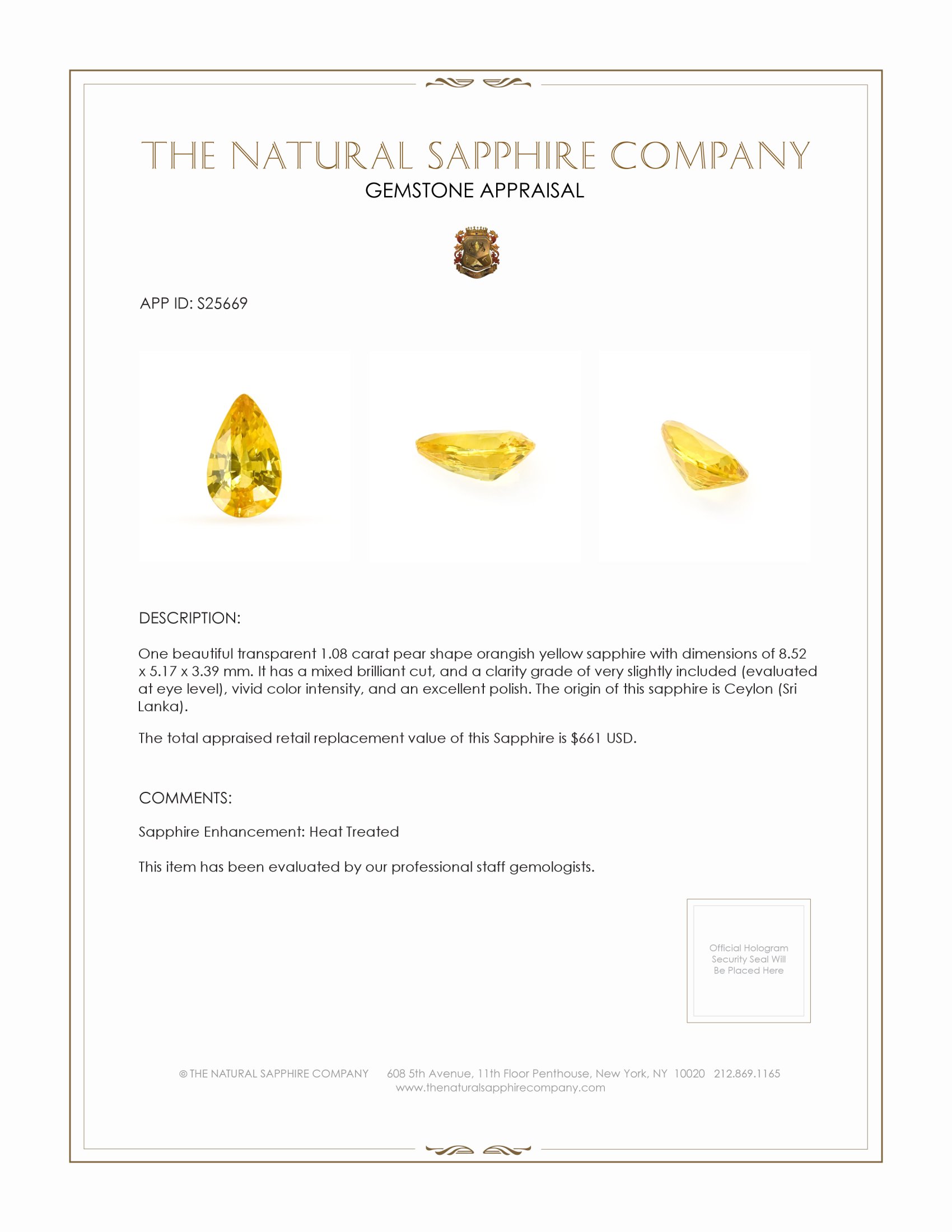 1.08 Ct. Orangish Yellow Sapphire from Ceylon (Sri Lanka)