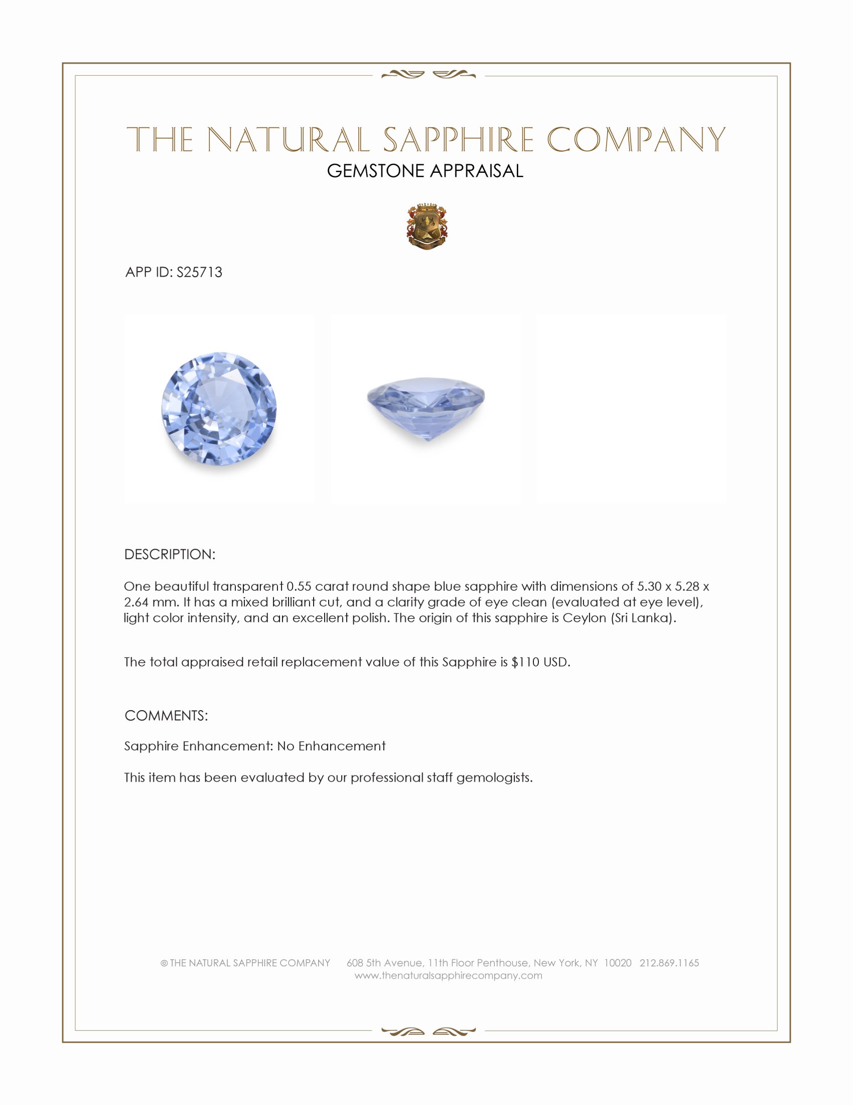 0.55 Ct. Blue Sapphire from Ceylon (Sri Lanka)