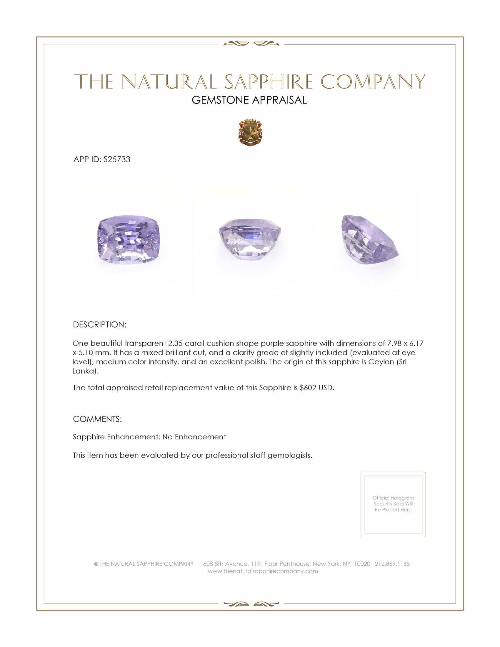 2.35 Ct. Purple Sapphire from Ceylon (Sri Lanka)