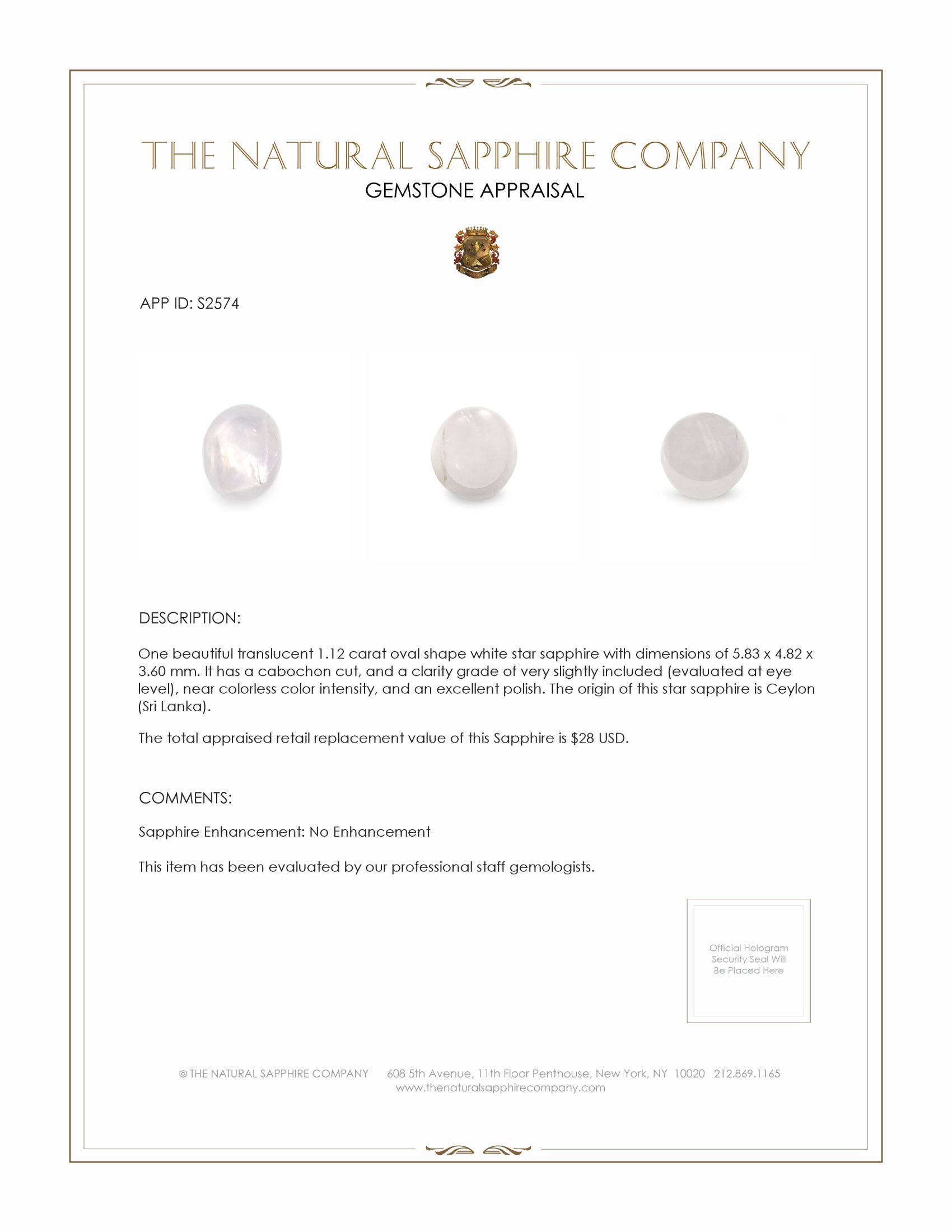 1.12 Ct. White Star Sapphire from Ceylon (Sri Lanka)