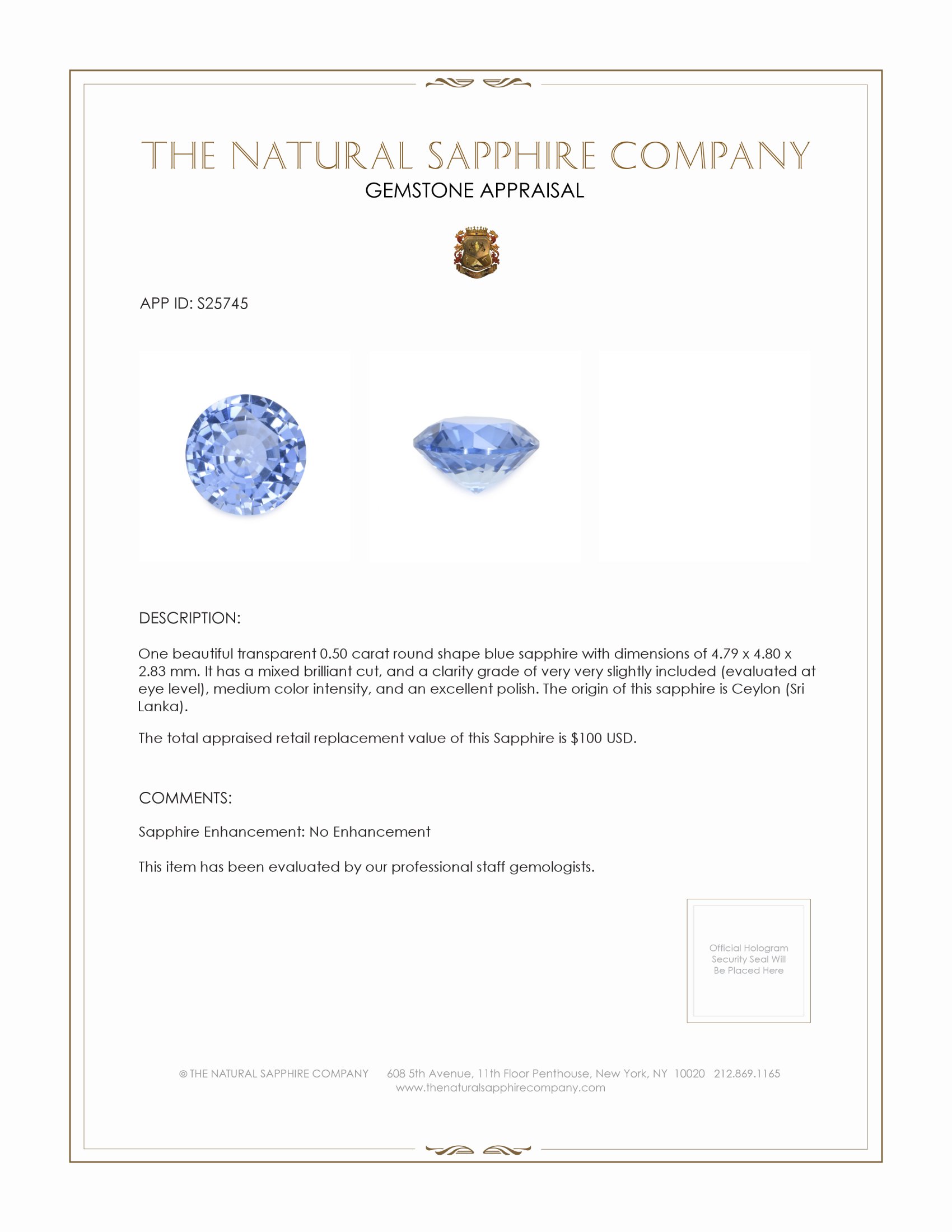 0.50 Ct. Blue Sapphire from Ceylon (Sri Lanka)