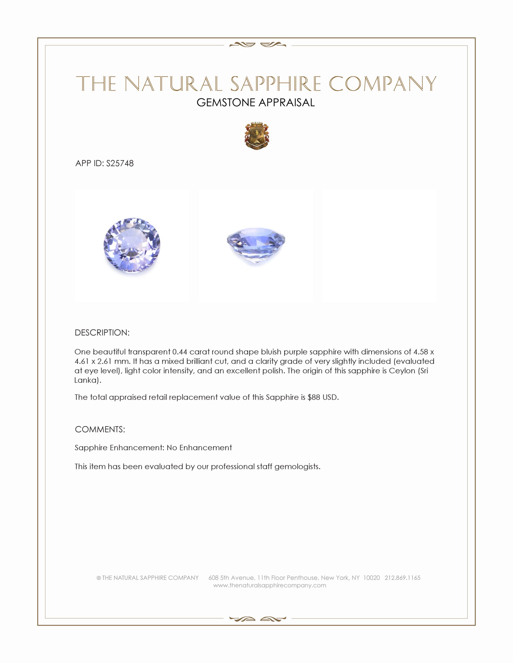 0.44 Ct. Bluish Purple Sapphire from Ceylon (Sri Lanka)