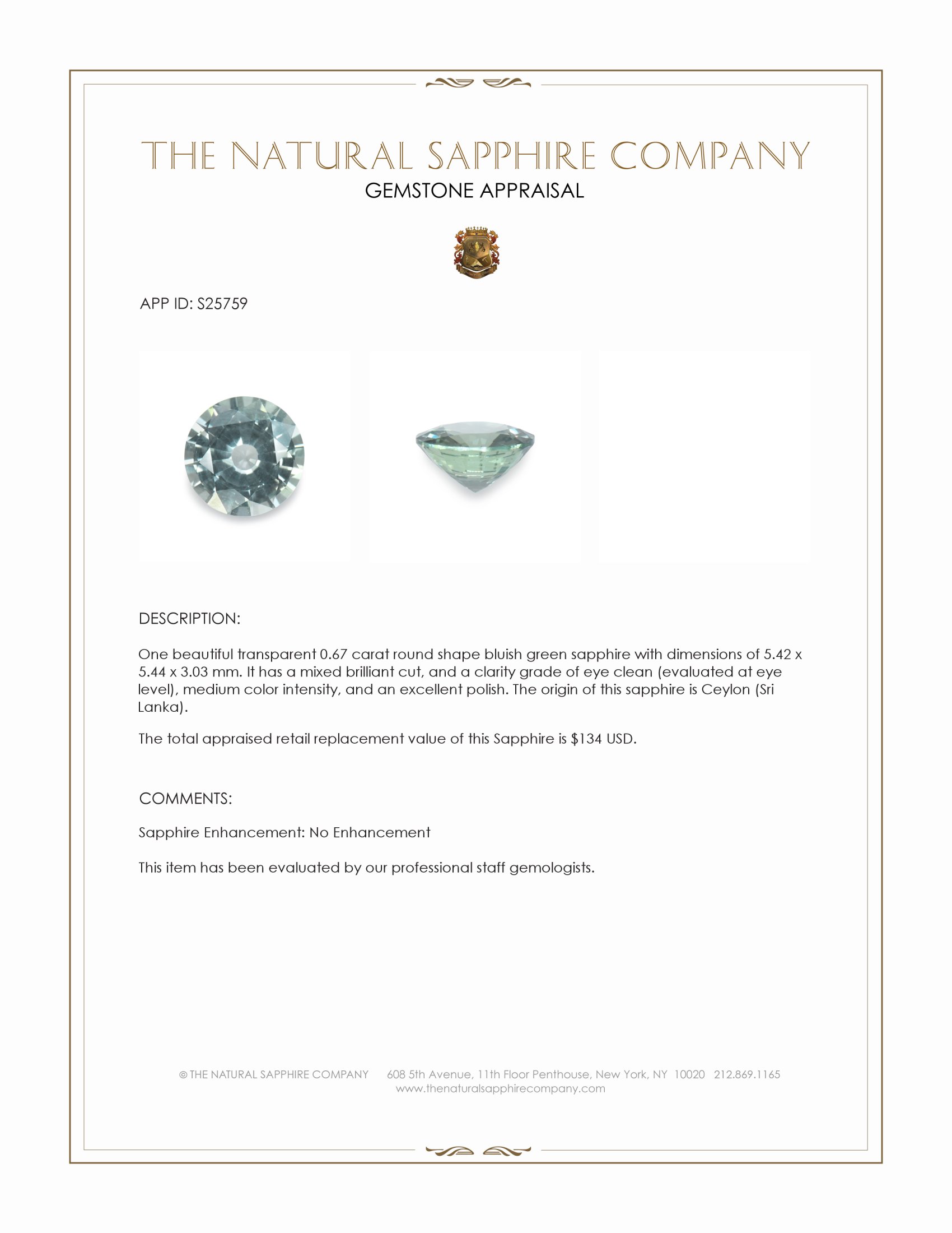 0.67 Ct. Bluish Green Sapphire from Ceylon (Sri Lanka)