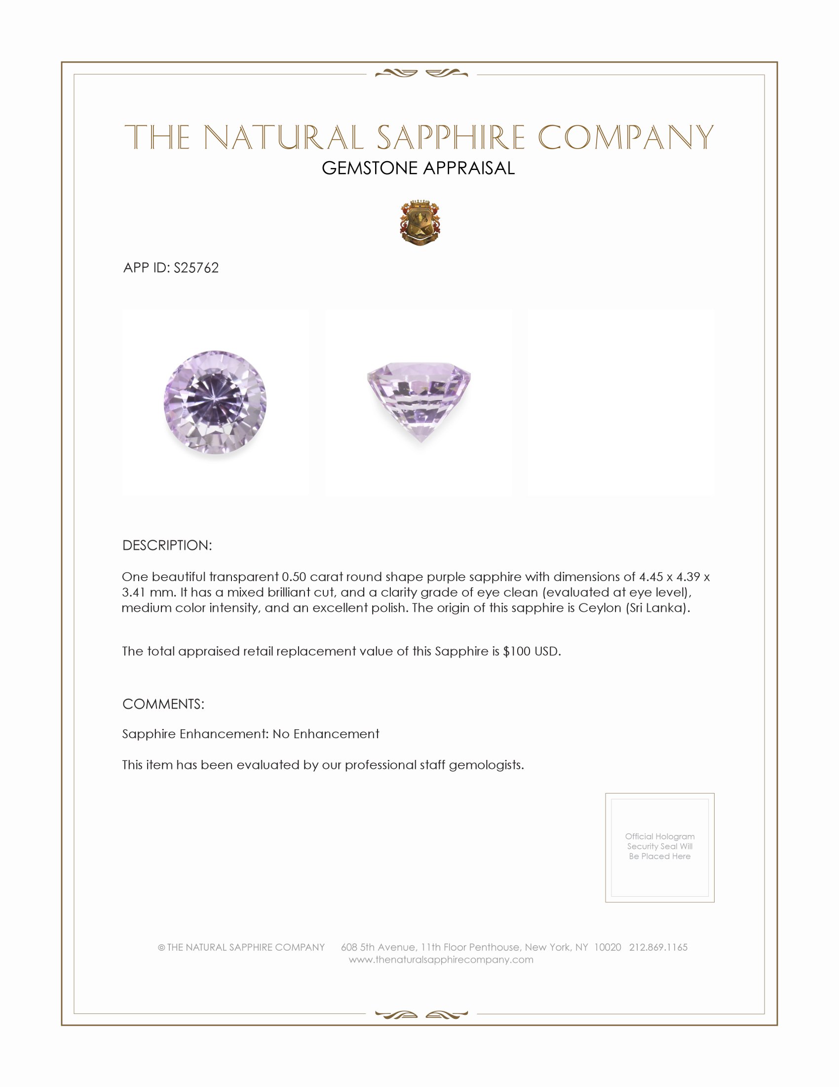 0.50 Ct. Purple Sapphire from Ceylon (Sri Lanka)