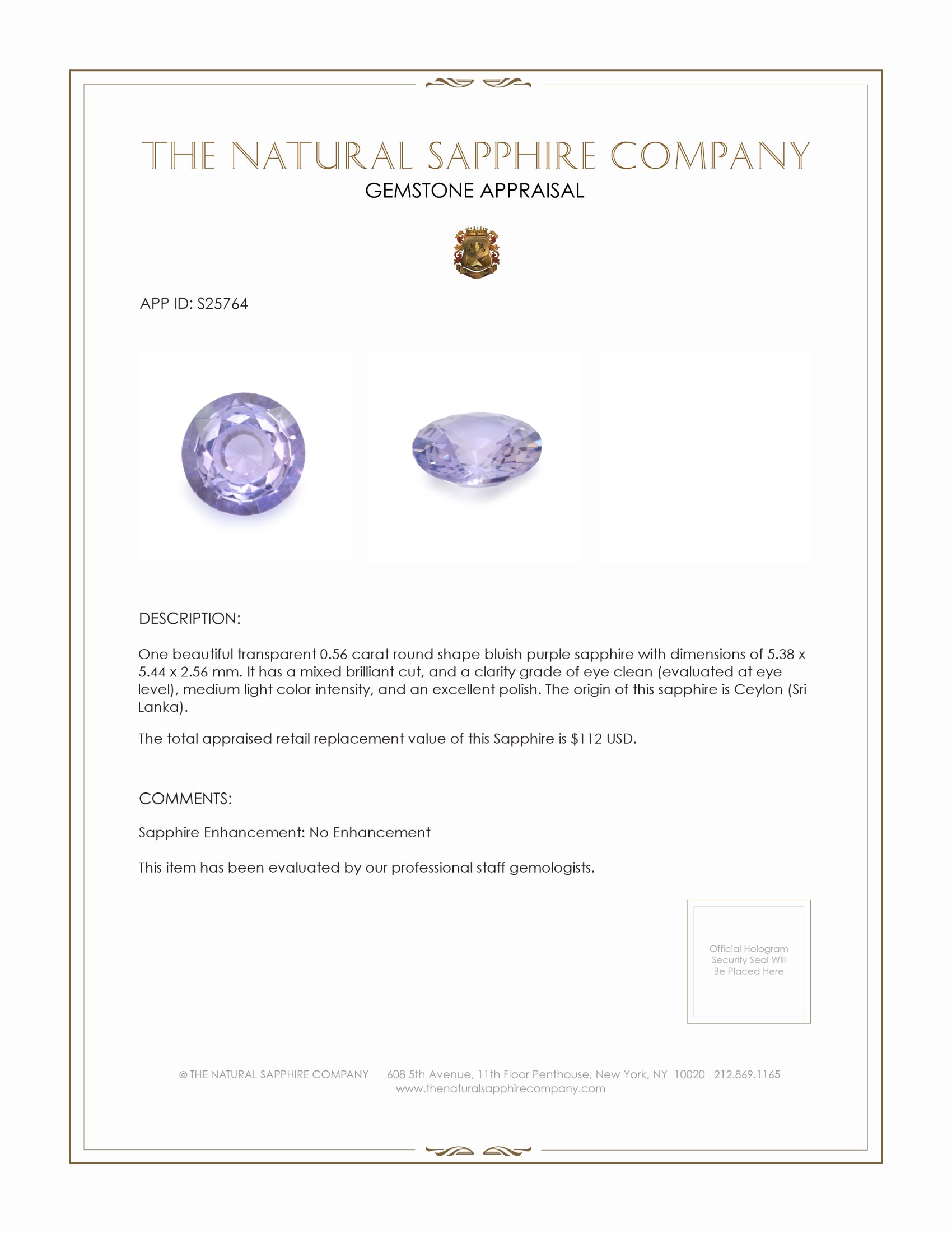 0.56 Ct. Bluish Purple Sapphire from Ceylon (Sri Lanka)