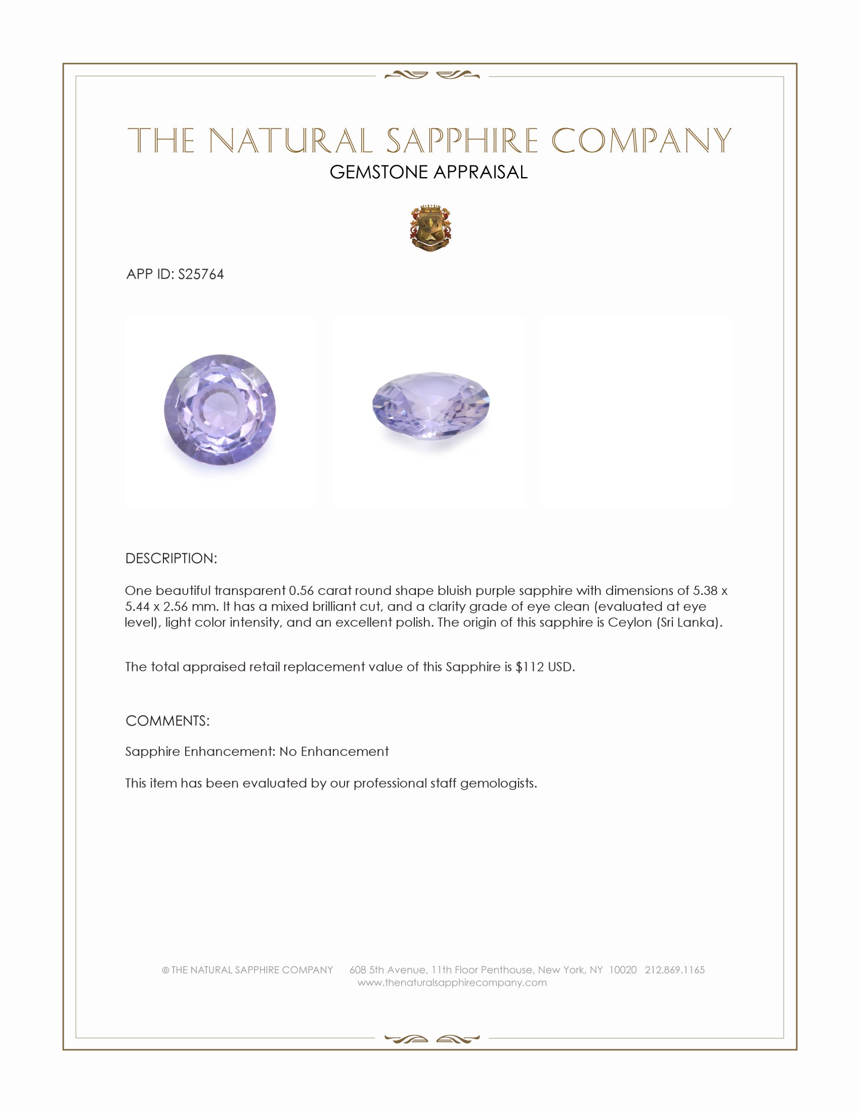 0.56 Ct. Bluish Purple Sapphire from Ceylon (Sri Lanka)