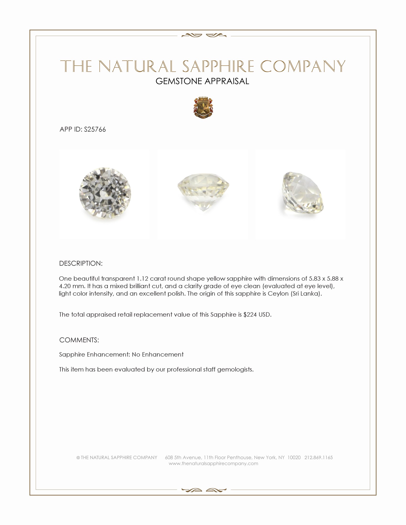 1.12 Ct. Yellow Sapphire from Ceylon (Sri Lanka)
