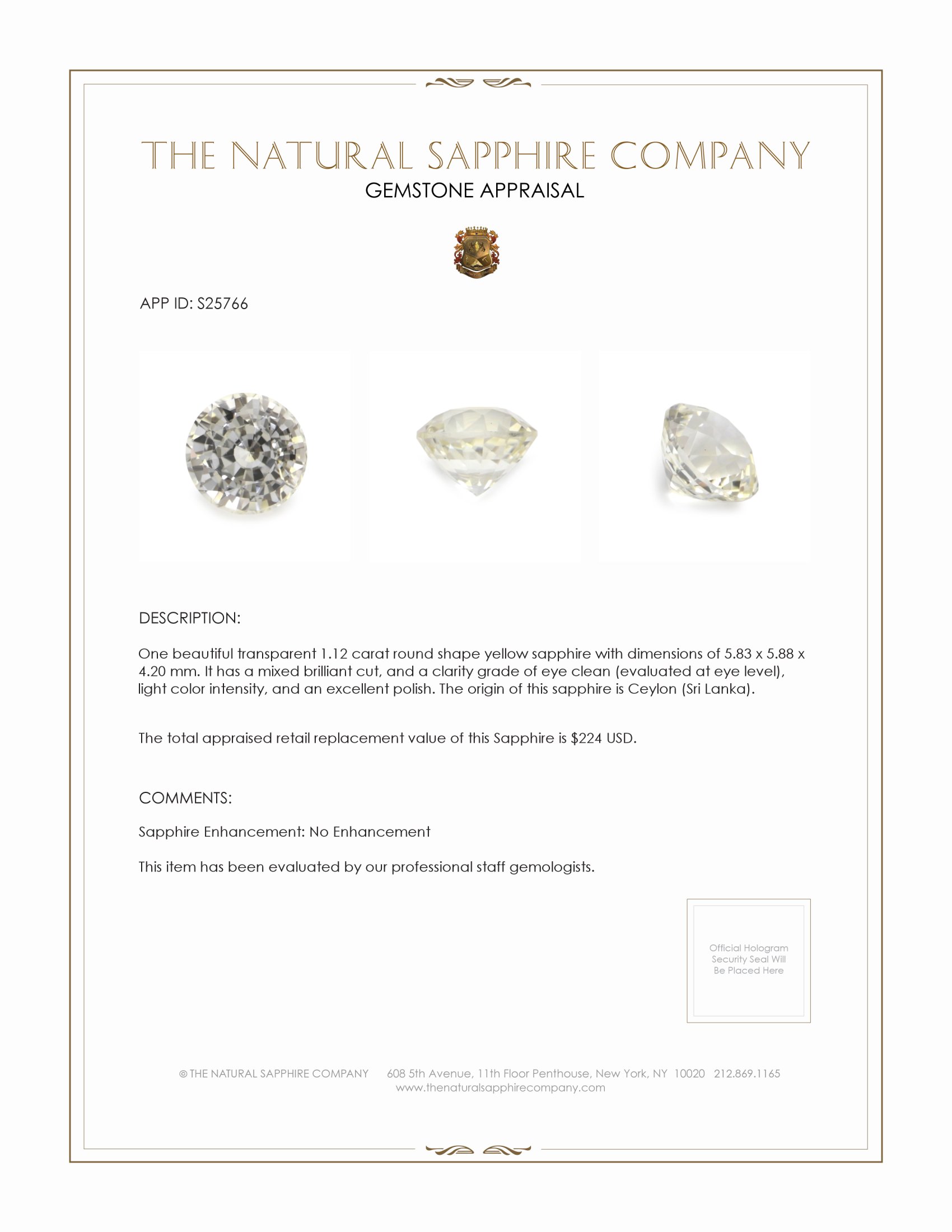 1.12 Ct. Yellow Sapphire from Ceylon (Sri Lanka)