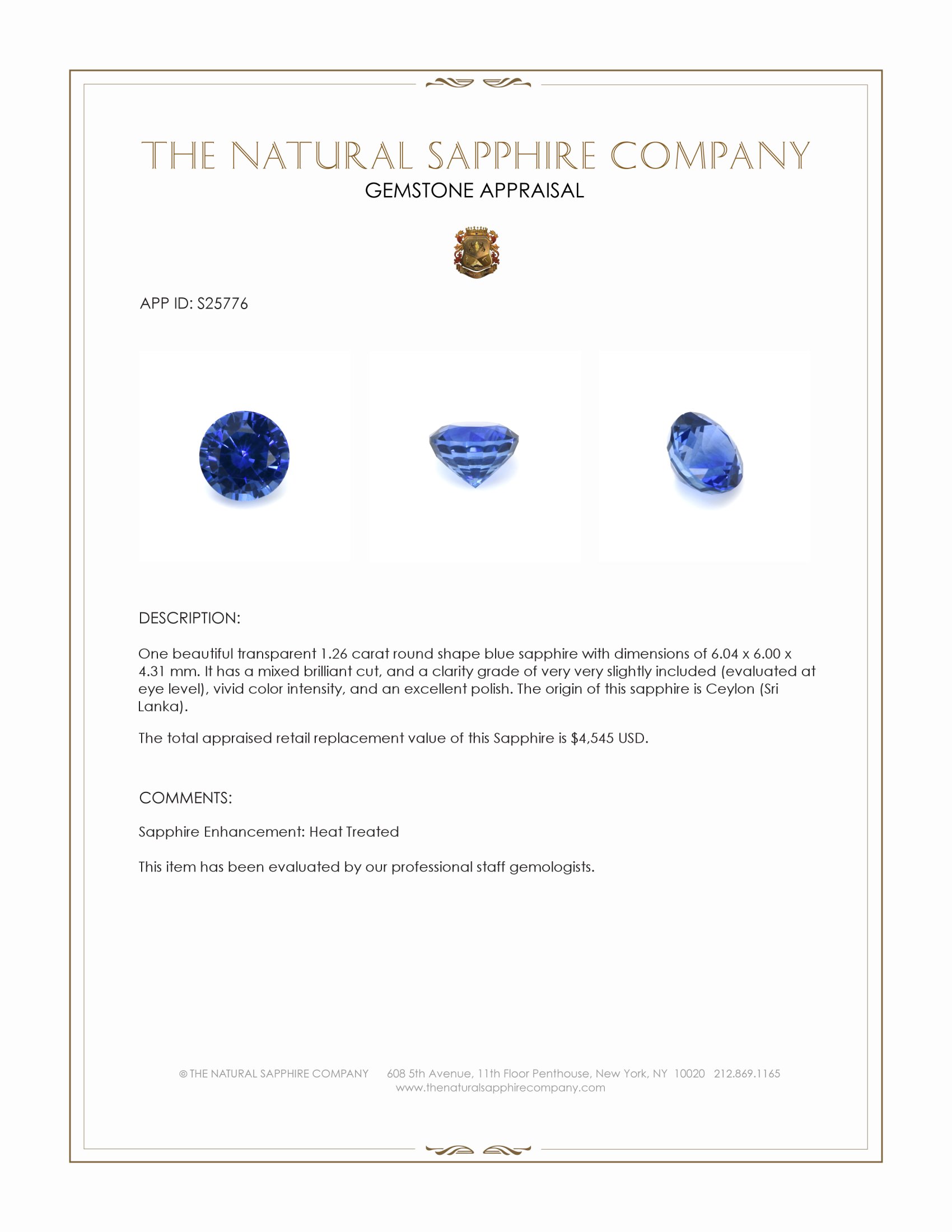 1.26 Ct. Blue Sapphire from Ceylon (Sri Lanka)