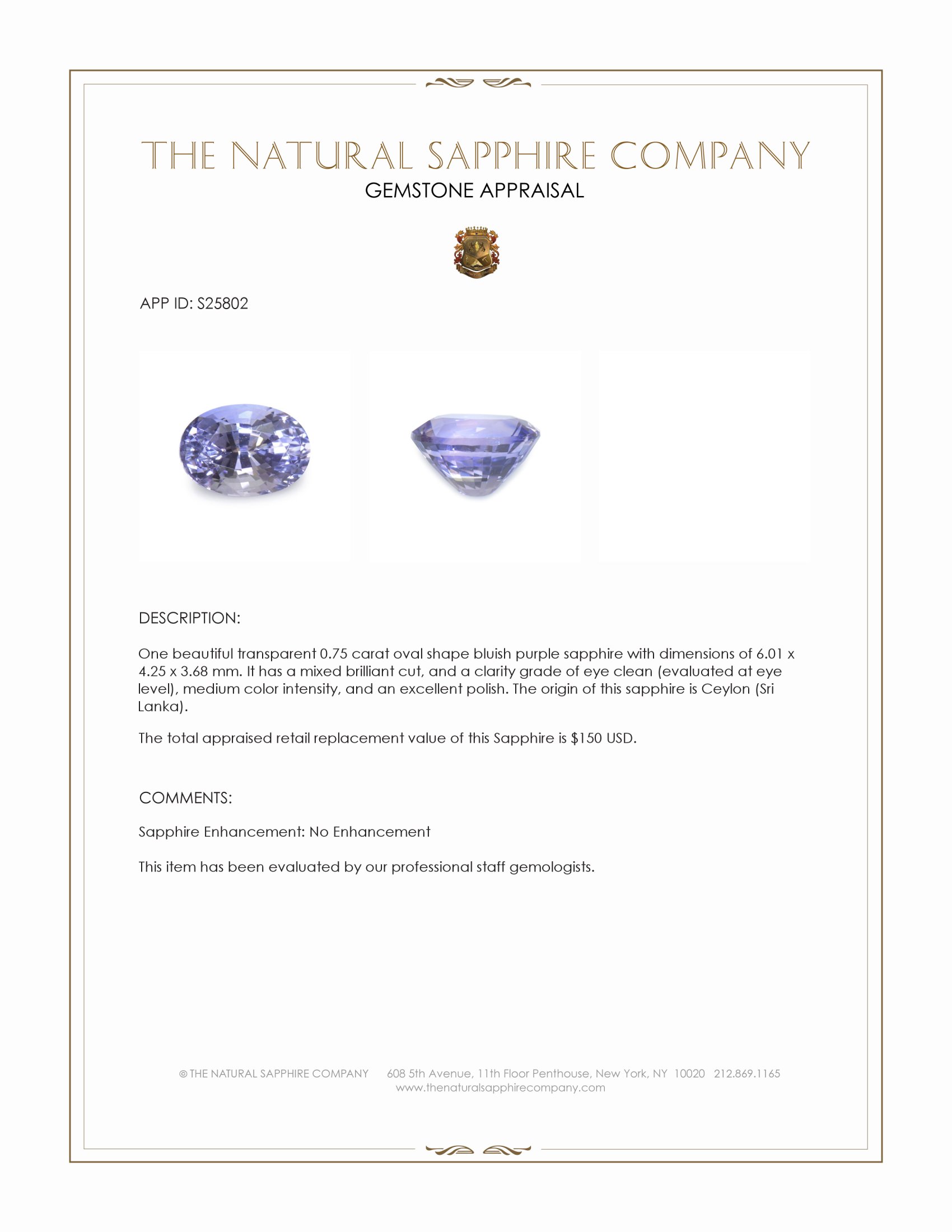 0.75 Ct. Bluish Purple Sapphire from Ceylon (Sri Lanka)