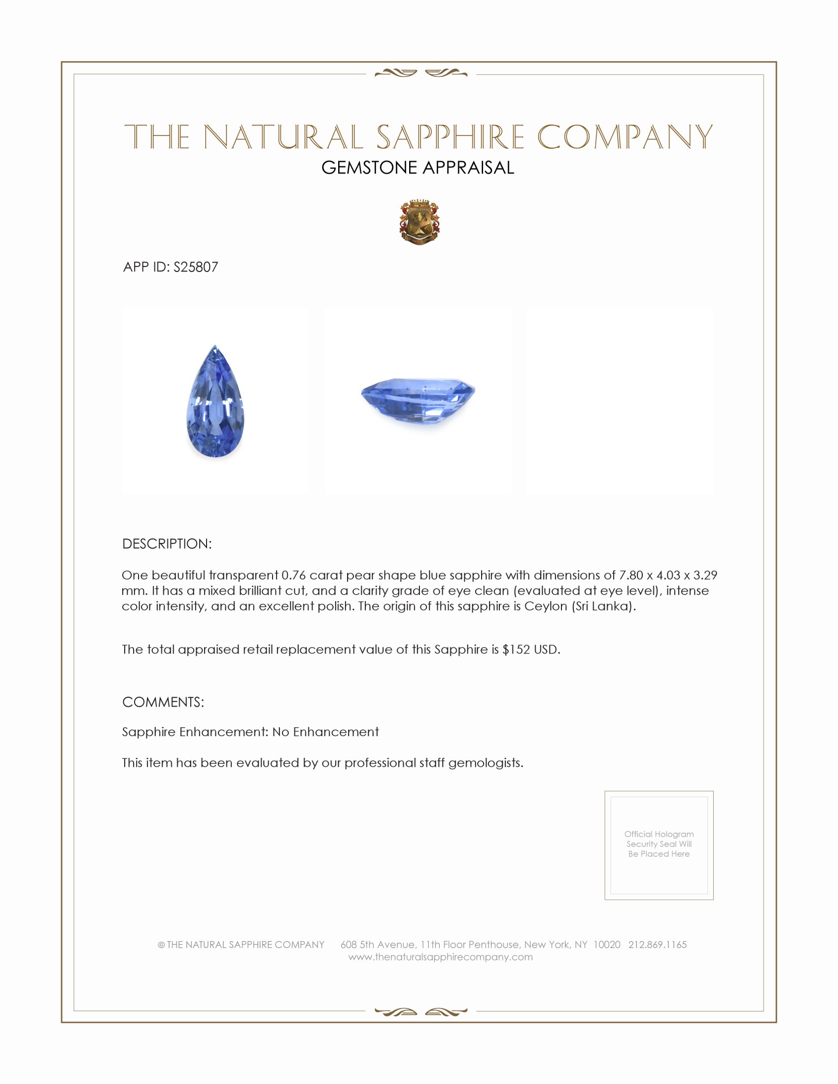 0.76 Ct. Blue Sapphire from Ceylon (Sri Lanka)